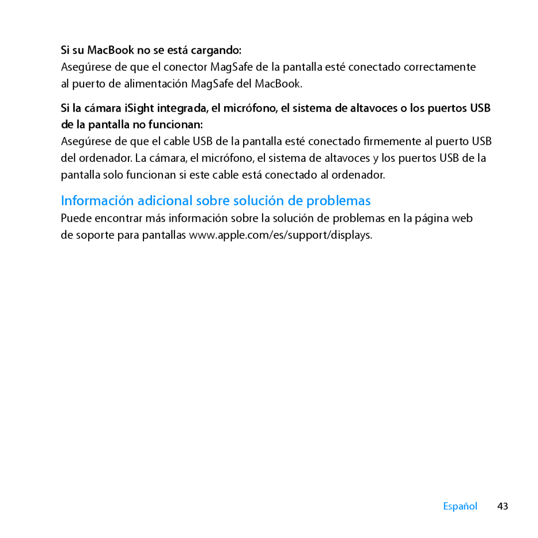 Apple MC007LL/A manual Información adicional sobre solución de problemas, Si su MacBook no se está cargando, Español 