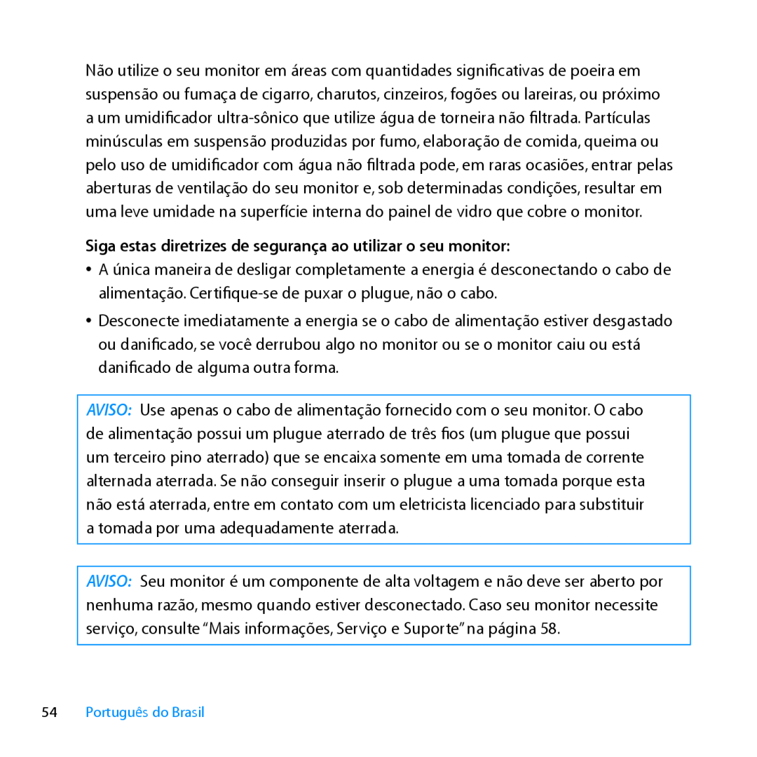 Apple MC007LL/A manual Siga estas diretrizes de segurança ao utilizar o seu monitor, Português do Brasil 