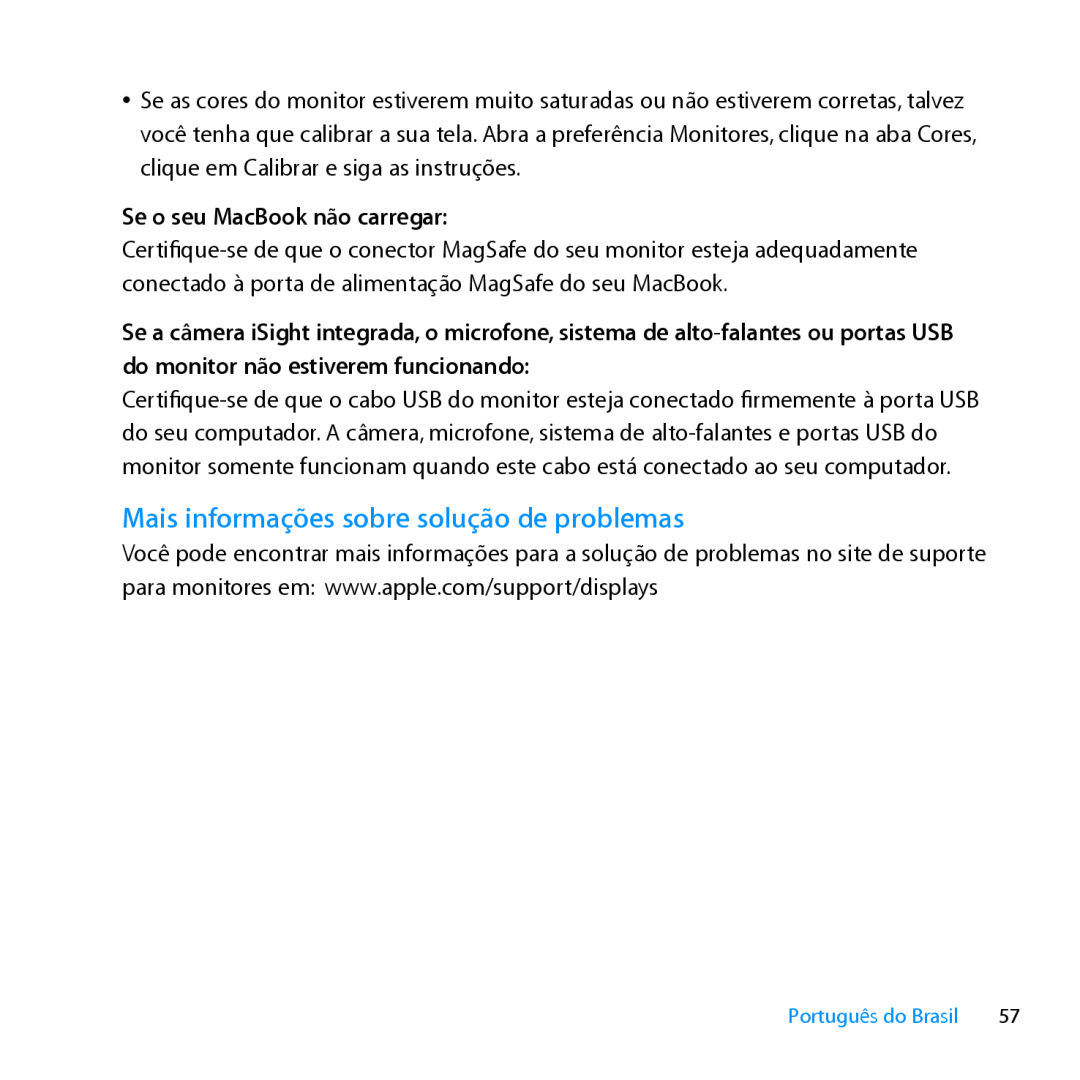 Apple MC007LL/A manual Mais informações sobre solução de problemas, Se o seu MacBook não carregar, Português do Brasil 