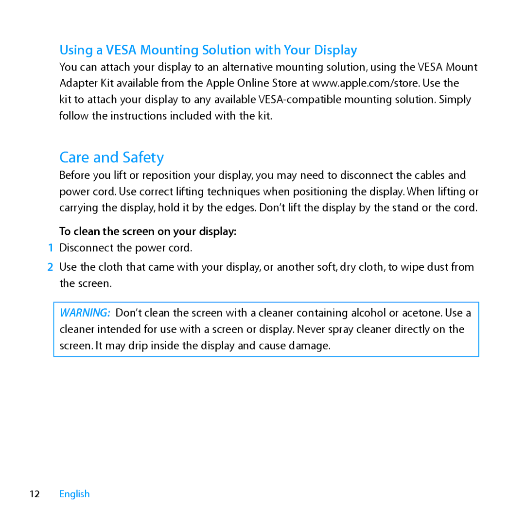 Apple MC007LL/A Care and Safety, Using a Vesa Mounting Solution with Your Display, To clean the screen on your display 