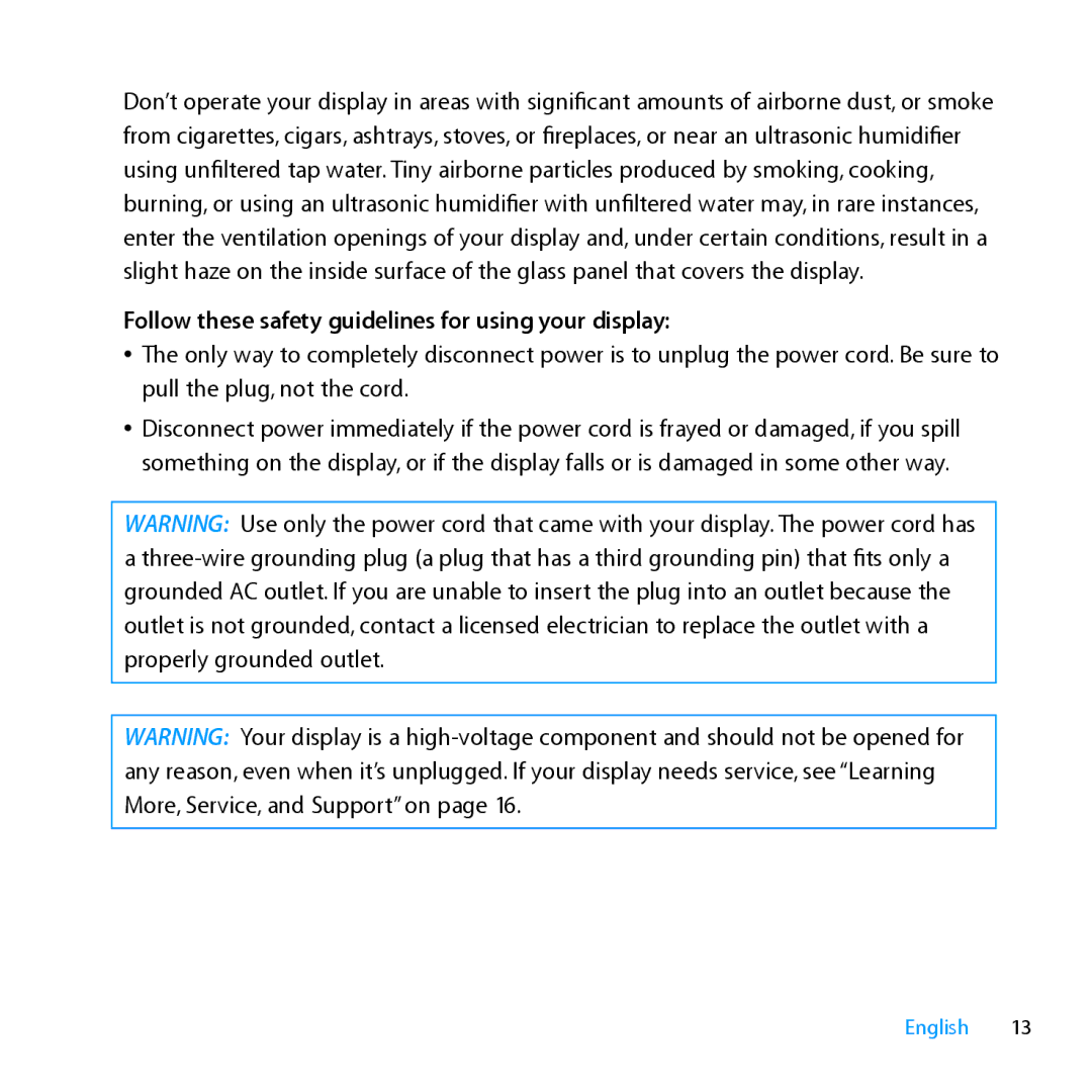 Apple MC007LL/A manual Follow these safety guidelines for using your display 