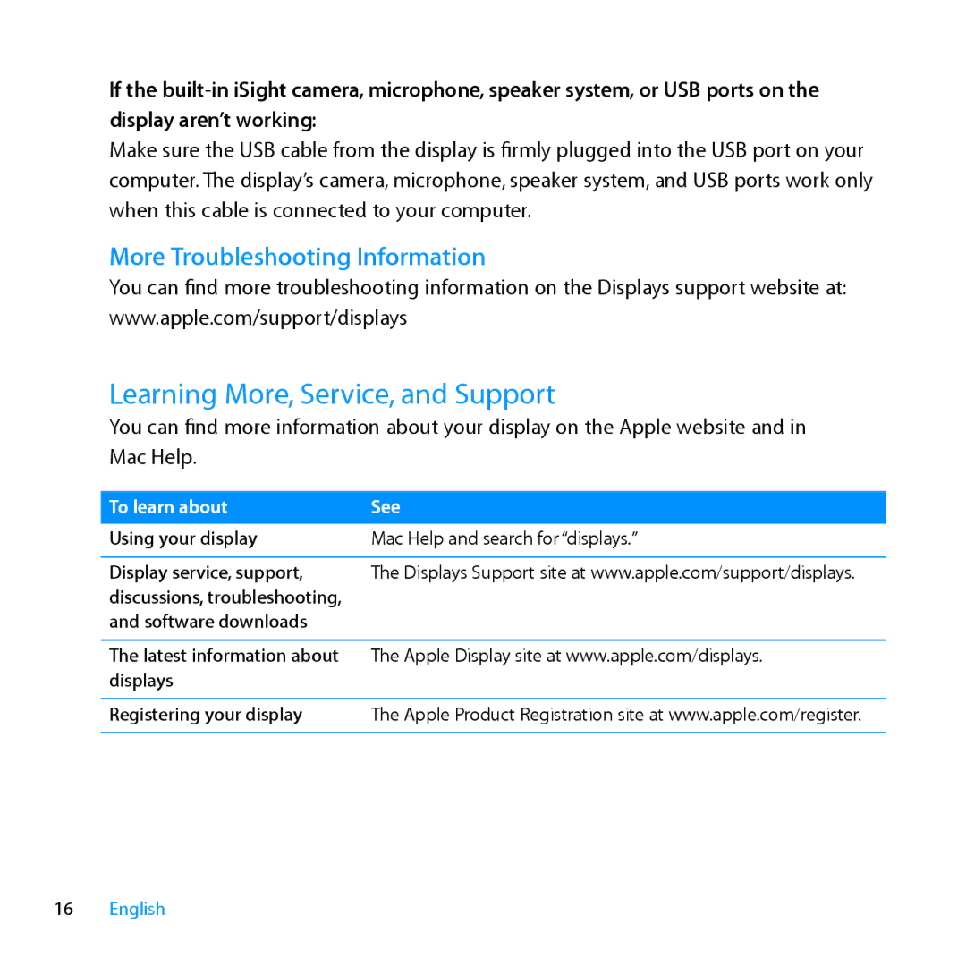 Apple MC007LL/A manual Learning More, Service, and Support, More Troubleshooting Information 