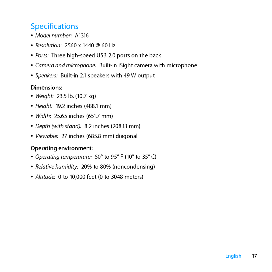 Apple MC007LL/A manual Specifications, Dimensions, Operating environment 