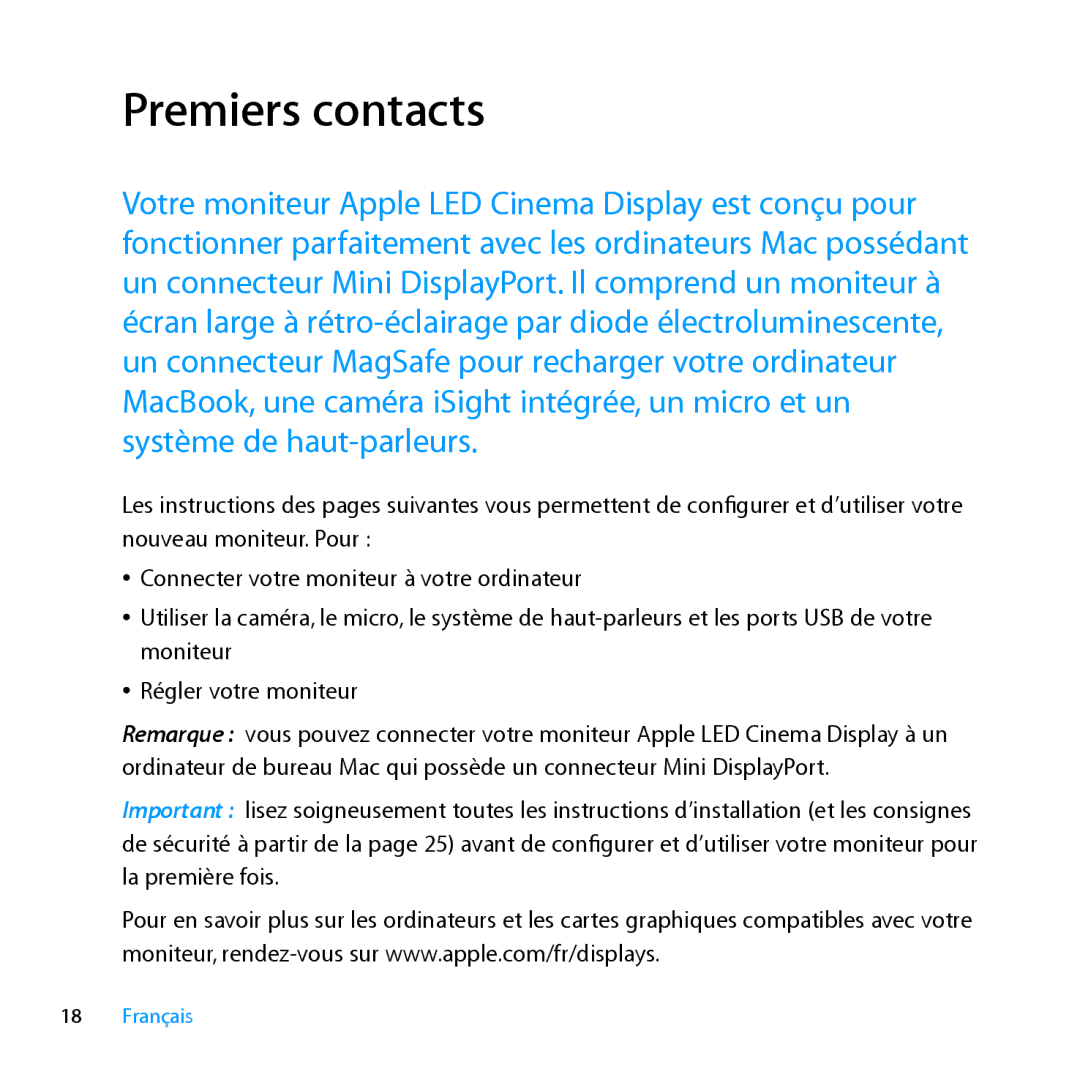 Apple MC007LL/A manual Premiers contacts 