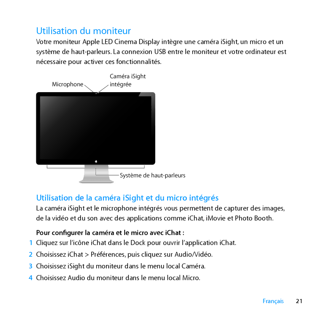 Apple MC007LL/A manual Utilisation du moniteur, Utilisation de la caméra iSight et du micro intégrés 