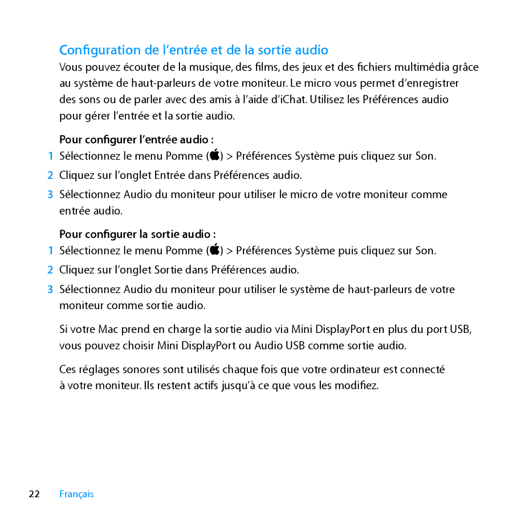 Apple MC007LL/A manual Configuration de l’entrée et de la sortie audio, Pour configurer l’entrée audio 