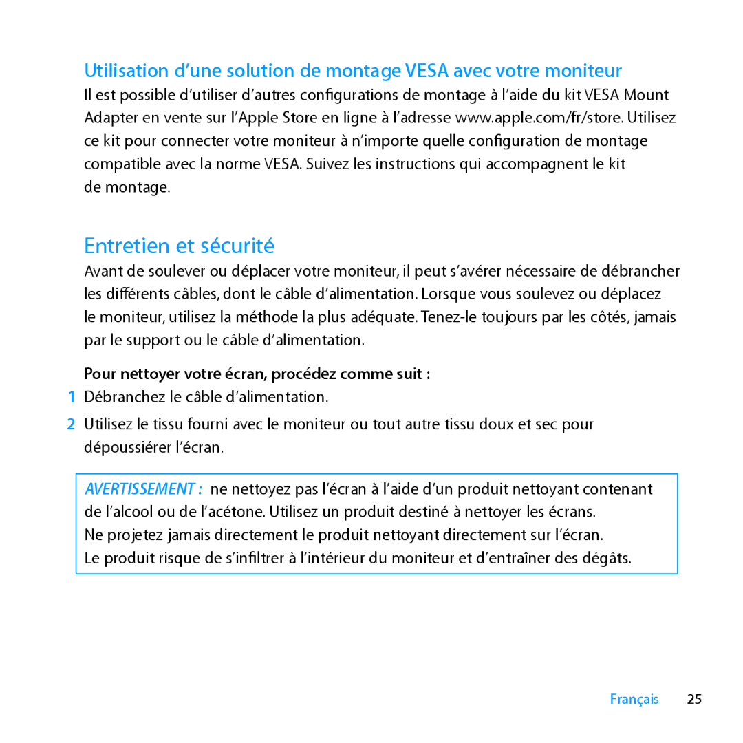 Apple MC007LL/A manual Entretien et sécurité, Pour nettoyer votre écran, procédez comme suit 