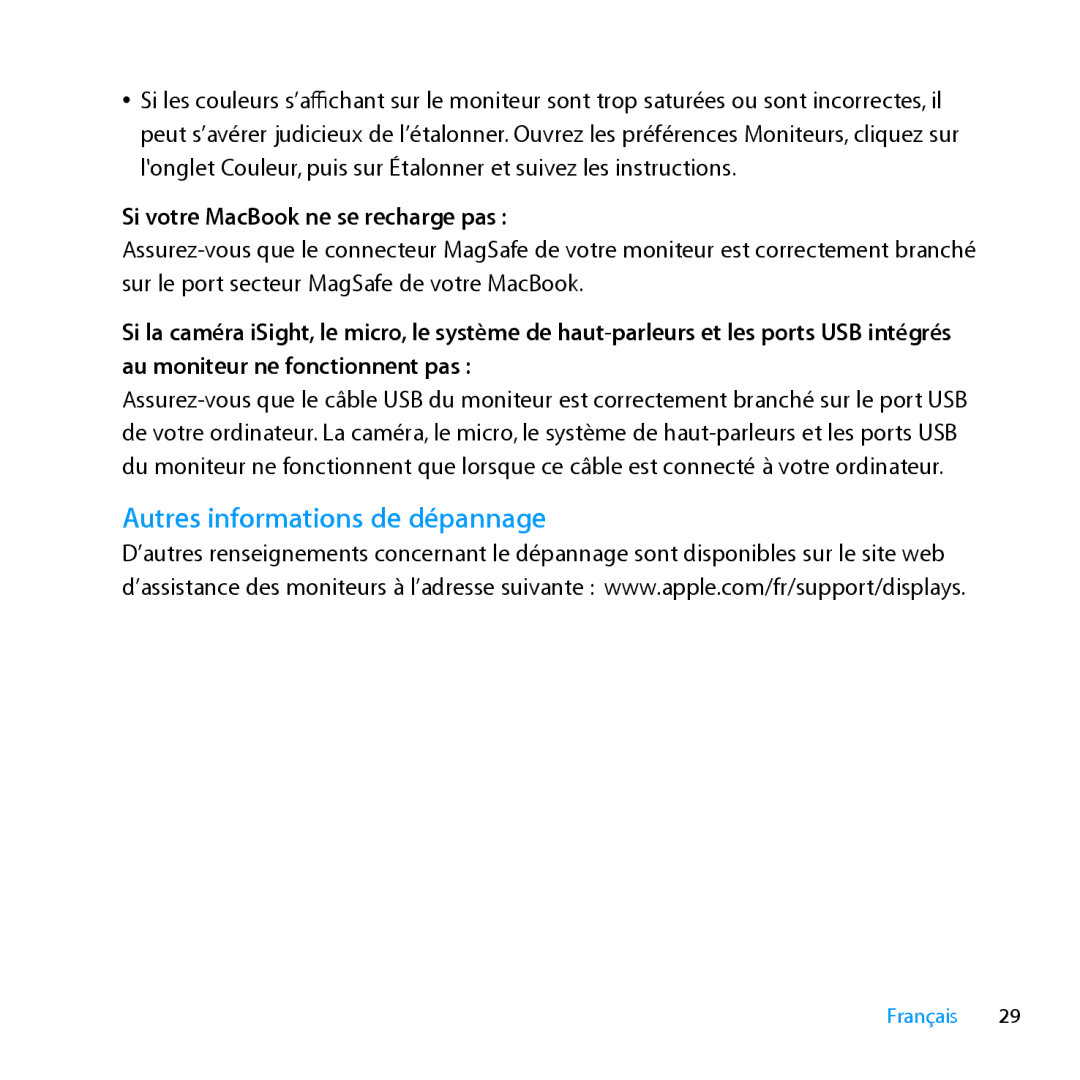 Apple MC007LL/A manual Autres informations de dépannage, Si votre MacBook ne se recharge pas 