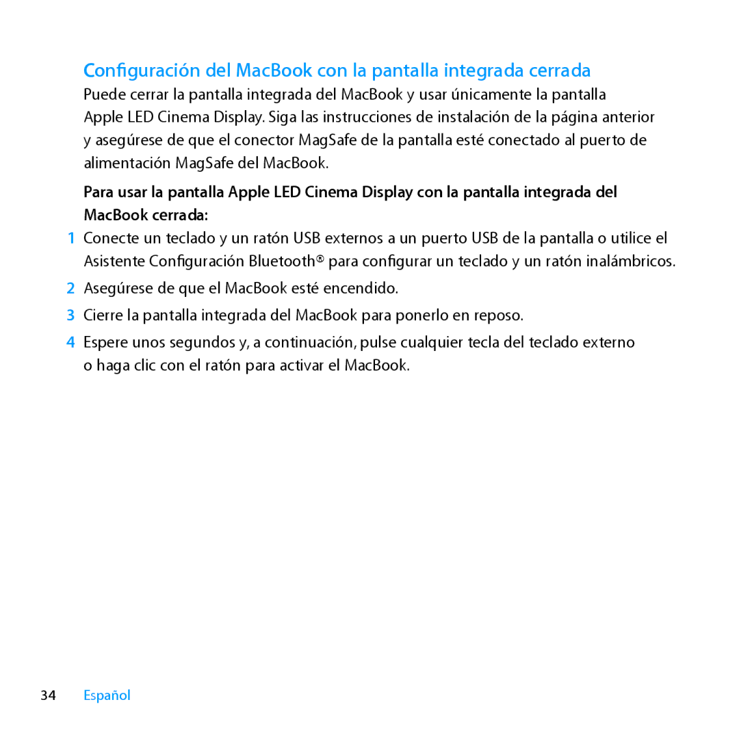 Apple MC007LL/A manual Configuración del MacBook con la pantalla integrada cerrada 