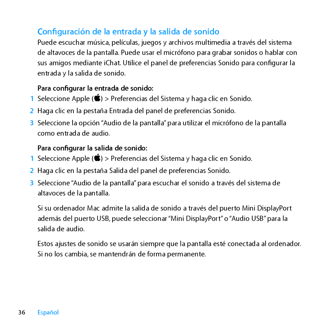 Apple MC007LL/A manual Configuración de la entrada y la salida de sonido, Para configurar la entrada de sonido 