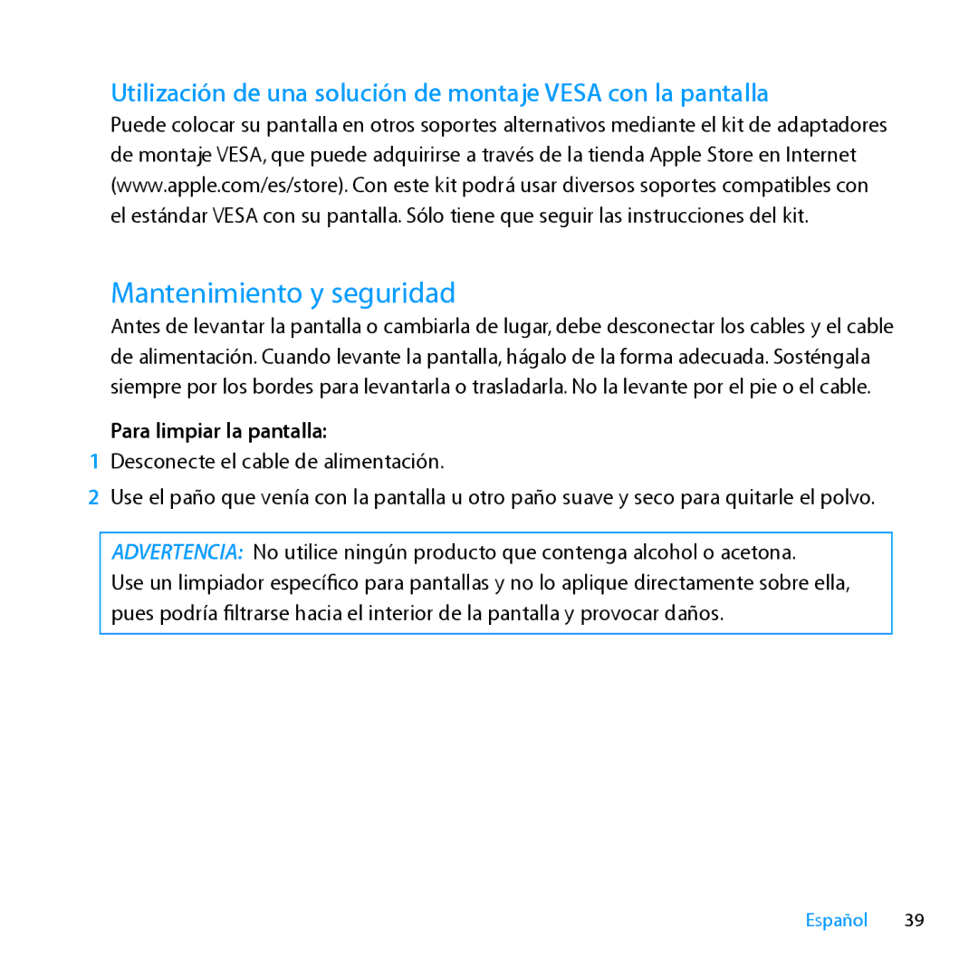 Apple MC007LL/A manual Mantenimiento y seguridad, Utilización de una solución de montaje Vesa con la pantalla 