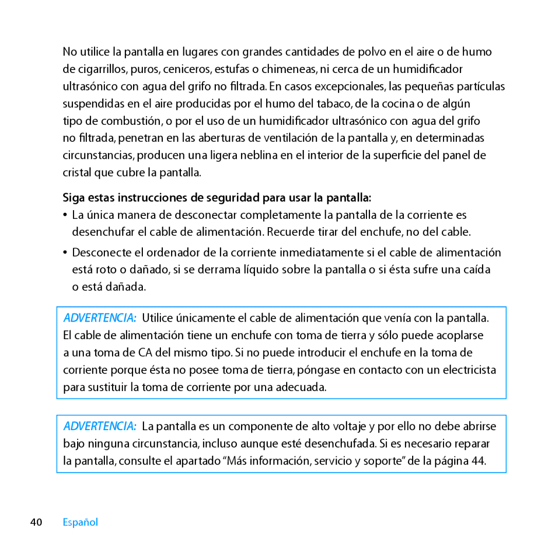 Apple MC007LL/A manual Siga estas instrucciones de seguridad para usar la pantalla 