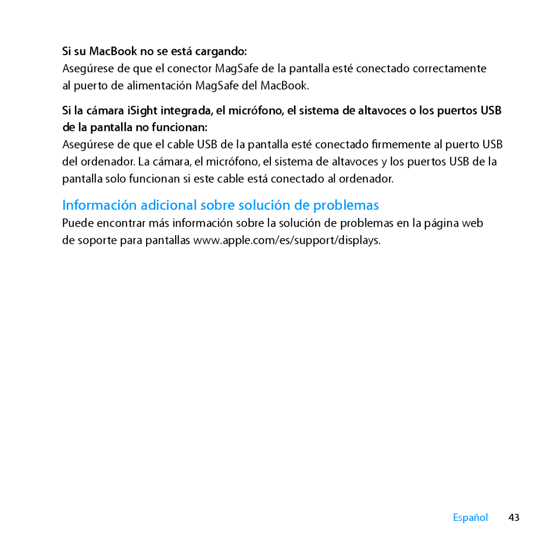 Apple MC007LL/A manual Información adicional sobre solución de problemas, Si su MacBook no se está cargando 