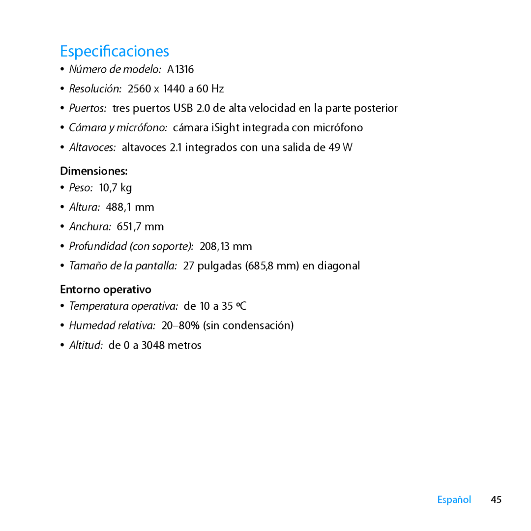 Apple MC007LL/A manual Especificaciones, Entorno operativo 