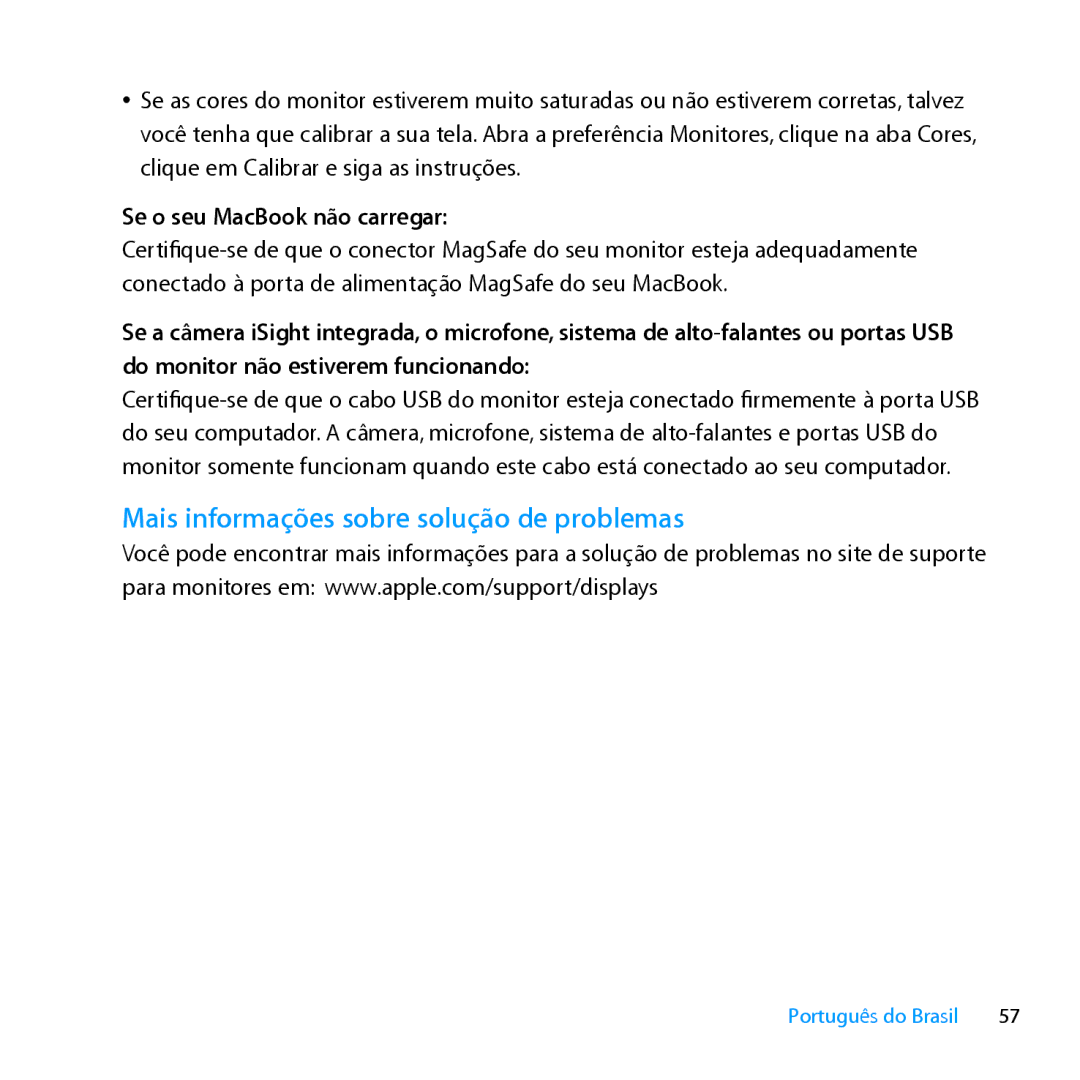 Apple MC007LL/A manual Mais informações sobre solução de problemas, Se o seu MacBook não carregar 