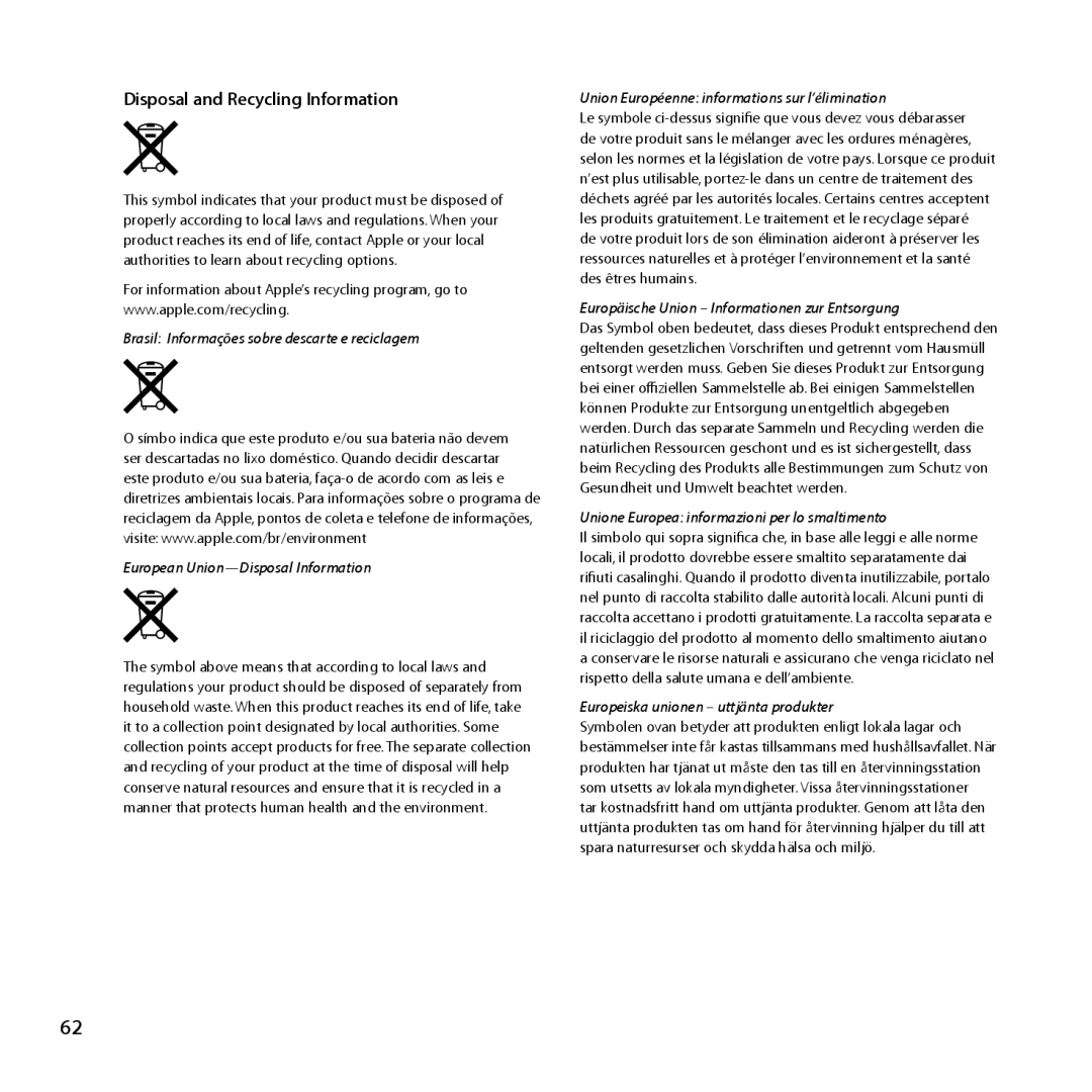 Apple MC007LL/A manual Disposal and Recycling Information 