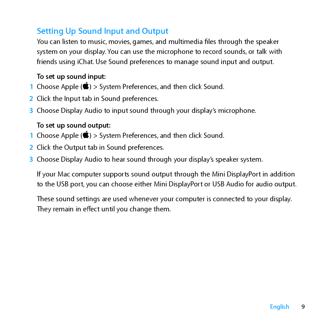Apple MC007LL/A manual Setting Up Sound Input and Output, To set up sound input, To set up sound output 