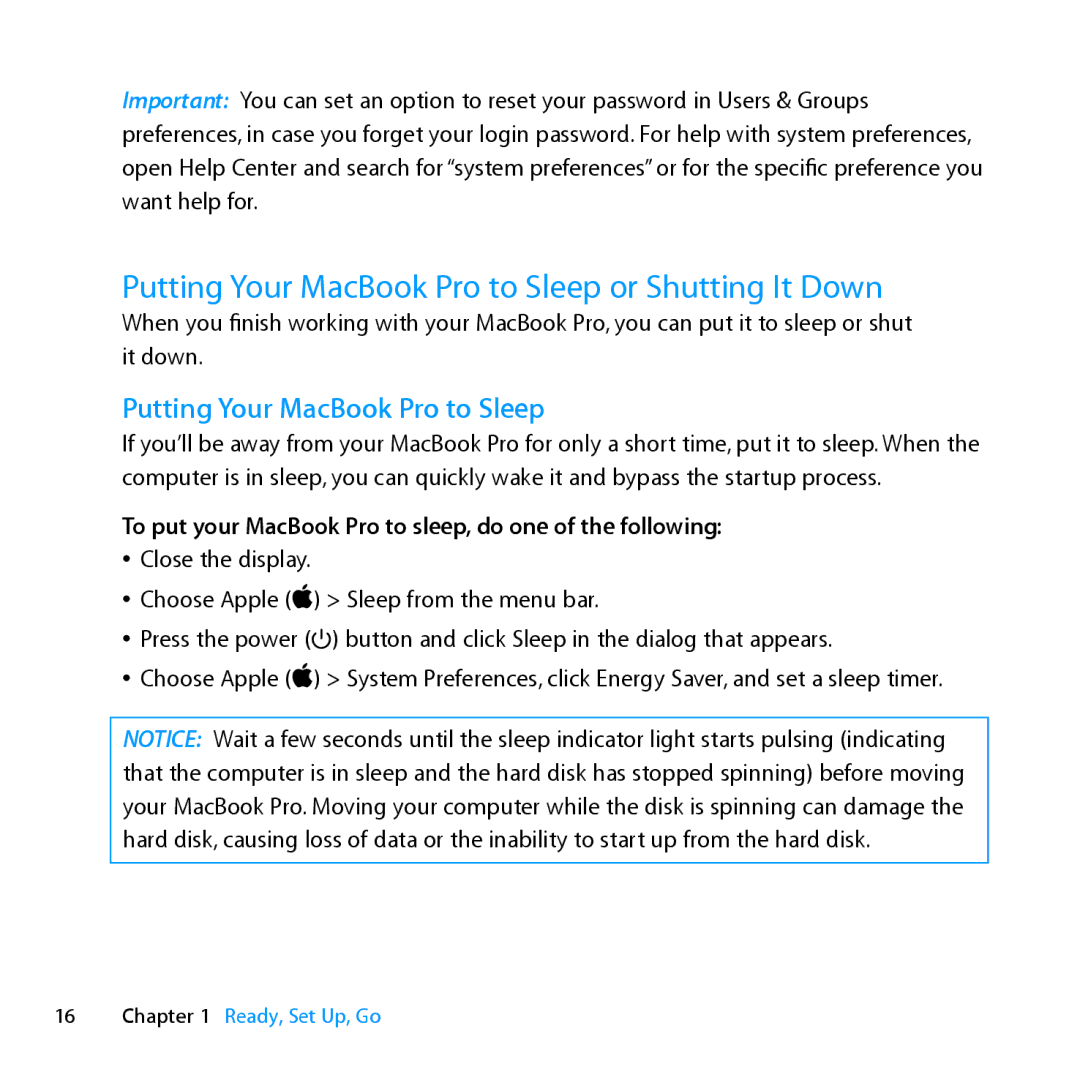 Apple MC024LL/A, MD385LL/A manual Putting Your MacBook Pro to Sleep or Shutting It Down 