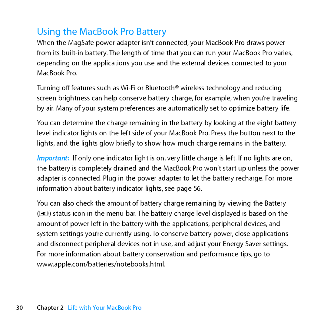 Apple MC024LL/A, MD385LL/A manual Using the MacBook Pro Battery 