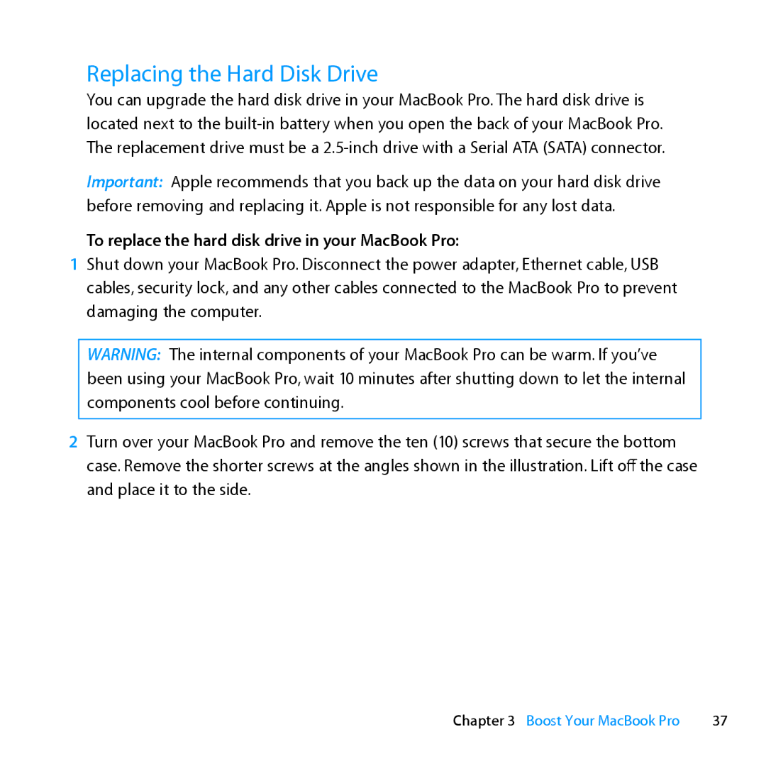 Apple MD385LL/A, MC024LL/A manual Replacing the Hard Disk Drive, To replace the hard disk drive in your MacBook Pro 