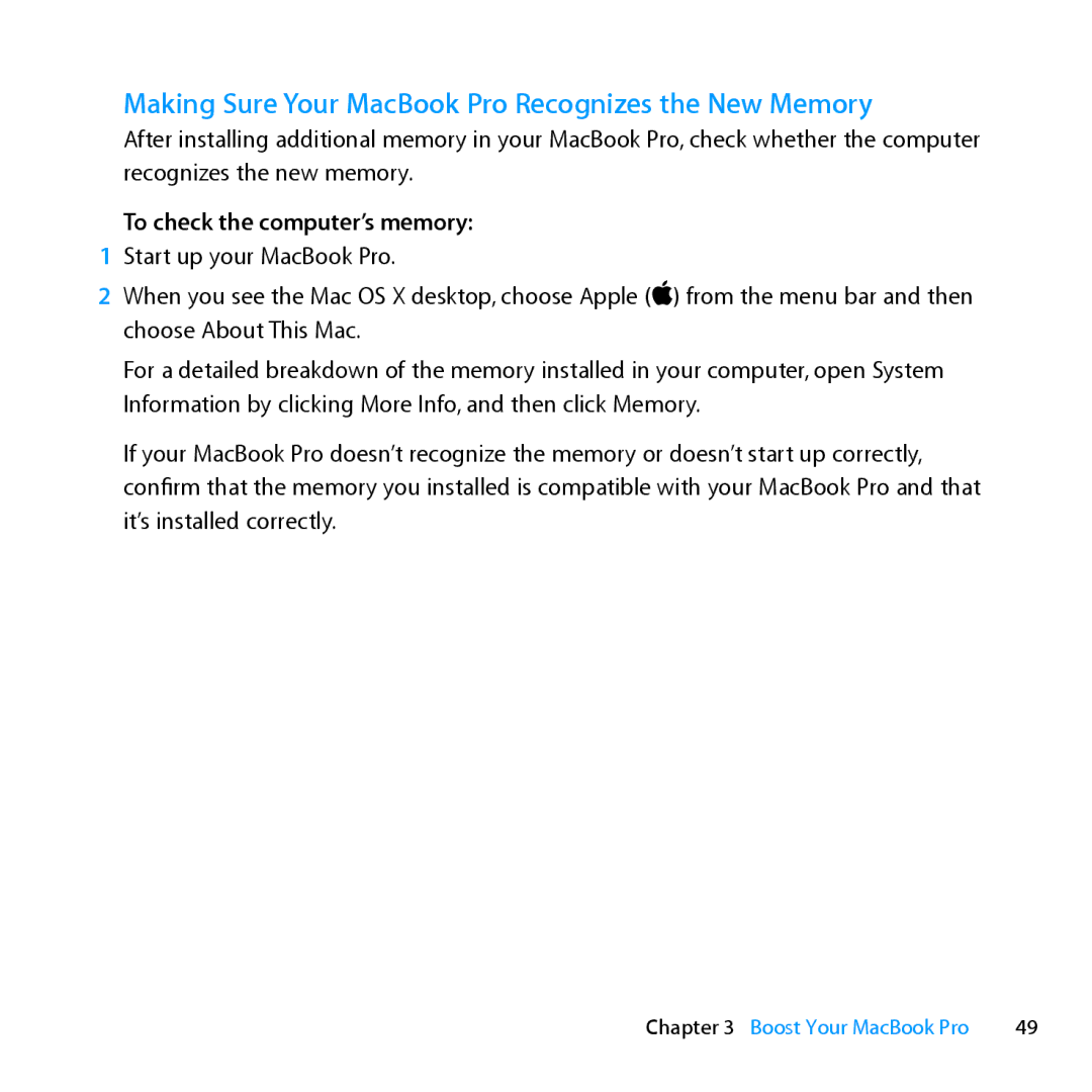 Apple MD385LL/A, MC024LL/A manual Making Sure Your MacBook Pro Recognizes the New Memory, To check the computer’s memory 