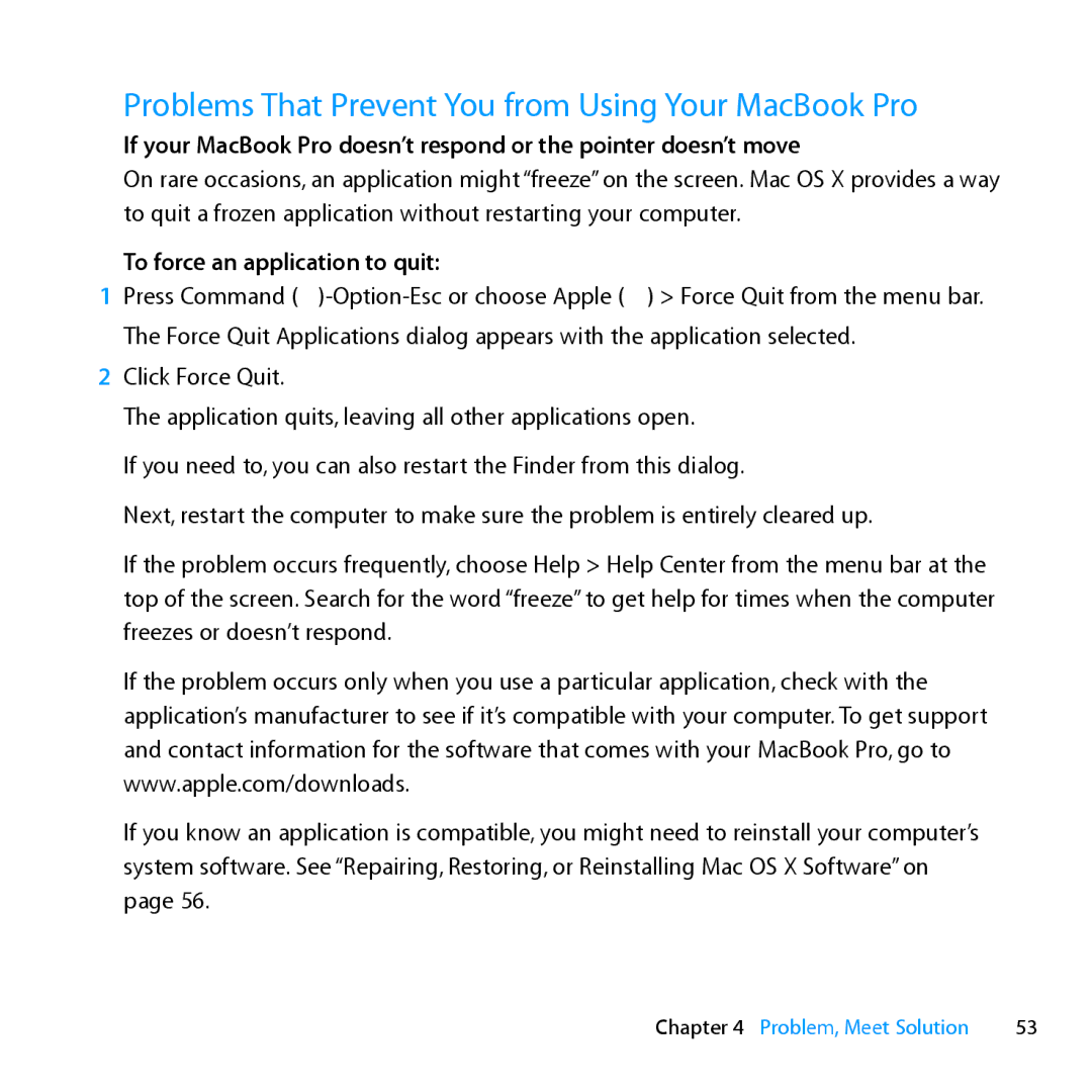 Apple MD385LL/A, MC024LL/A manual Problems That Prevent You from Using Your MacBook Pro, To force an application to quit 
