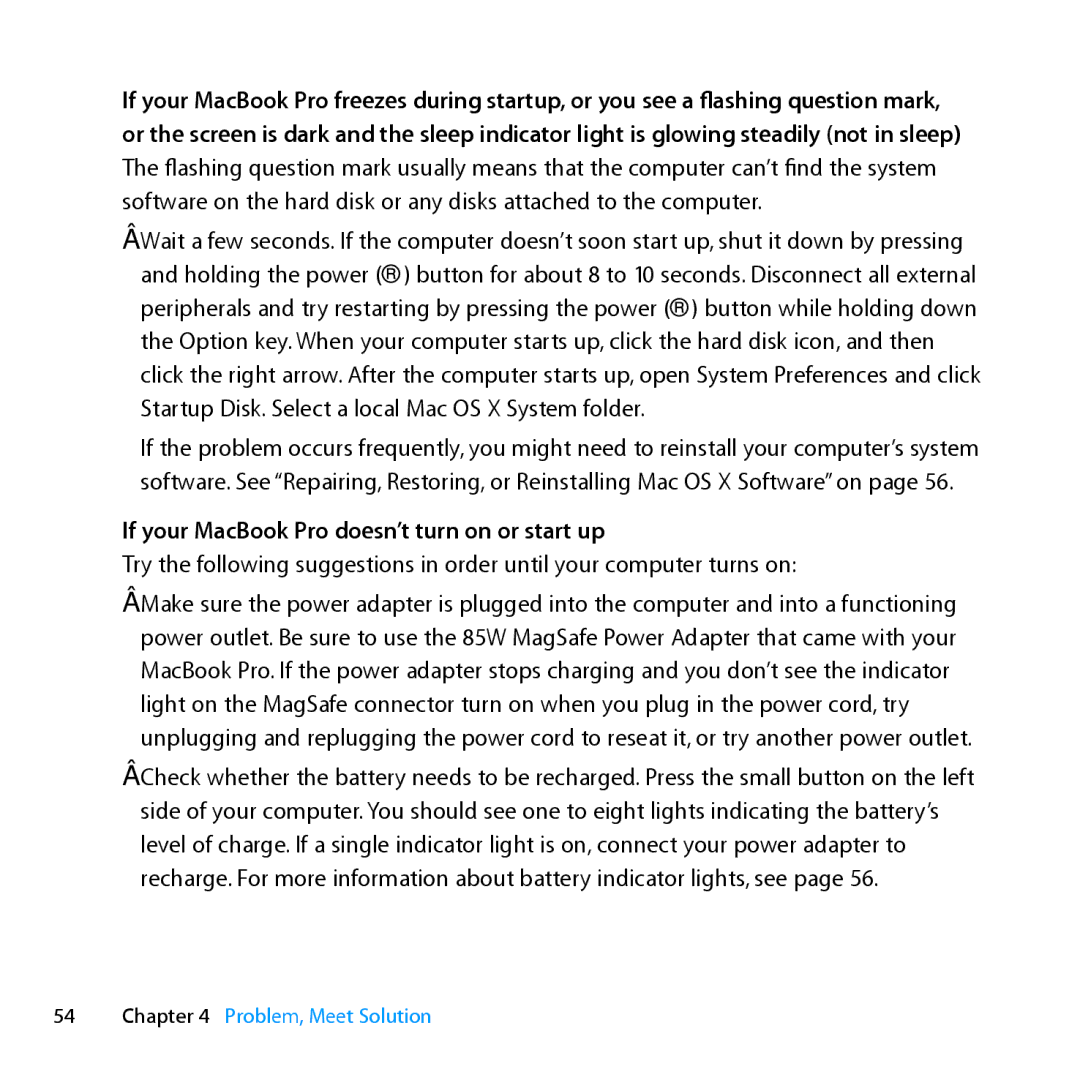 Apple MC024LL/A, MD385LL/A manual If your MacBook Pro doesn’t turn on or start up 