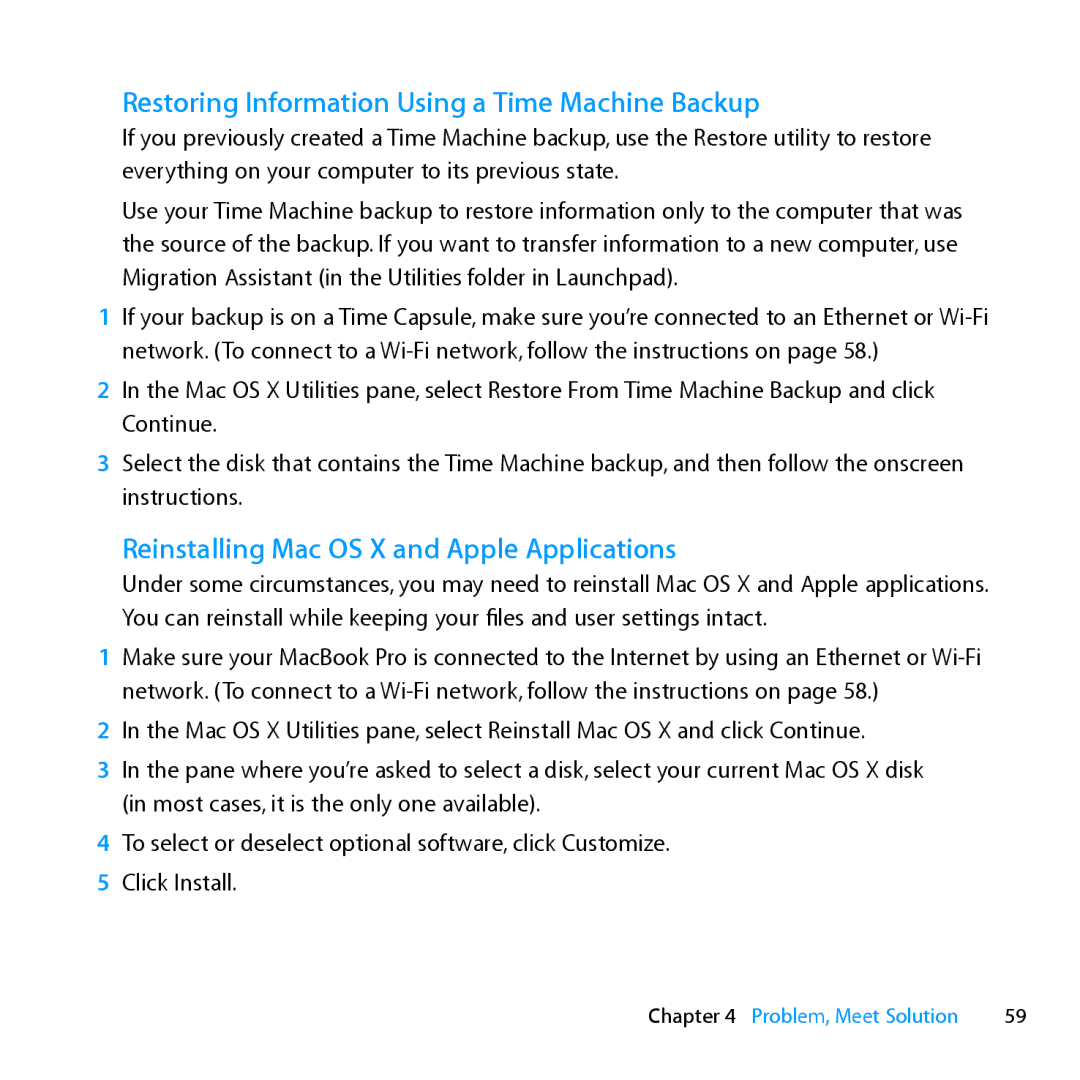 Apple MD385LL/A, MC024LL/A Restoring Information Using a Time Machine Backup, Reinstalling Mac OS X and Apple Applications 