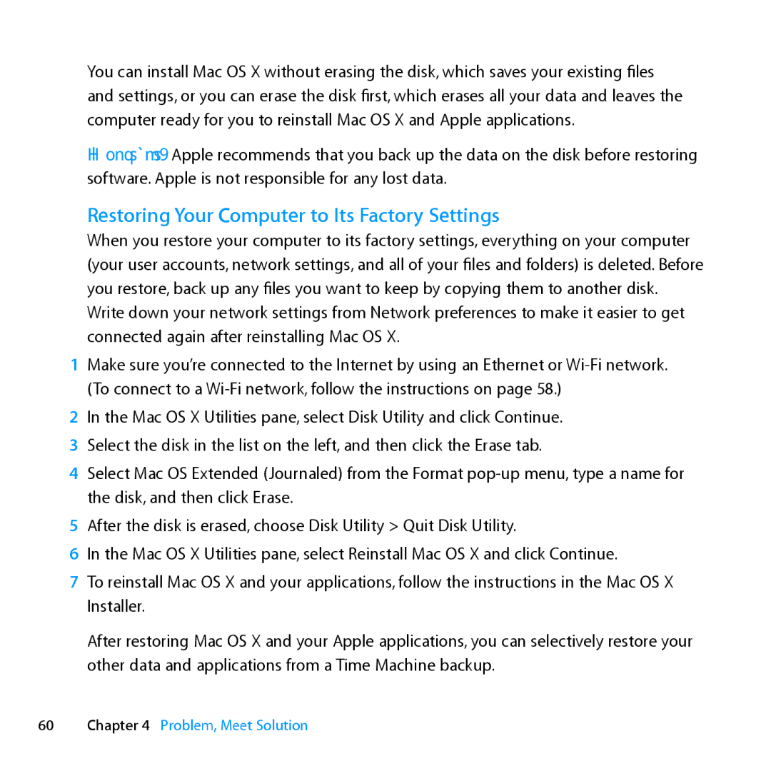 Apple MC024LL/A, MD385LL/A manual Restoring Your Computer to Its Factory Settings 