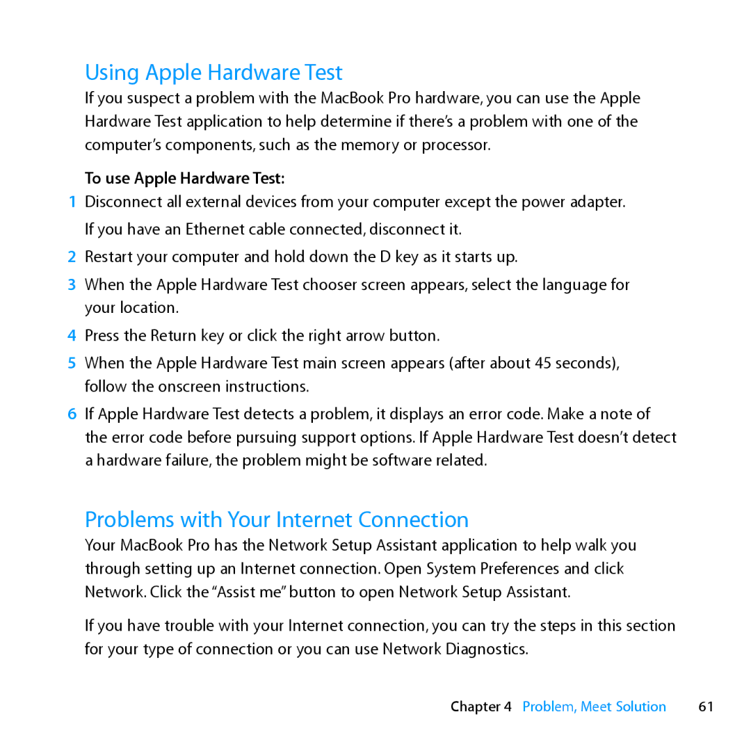 Apple MD385LL/A, MC024LL/A Using Apple Hardware Test, Problems with Your Internet Connection, To use Apple Hardware Test 