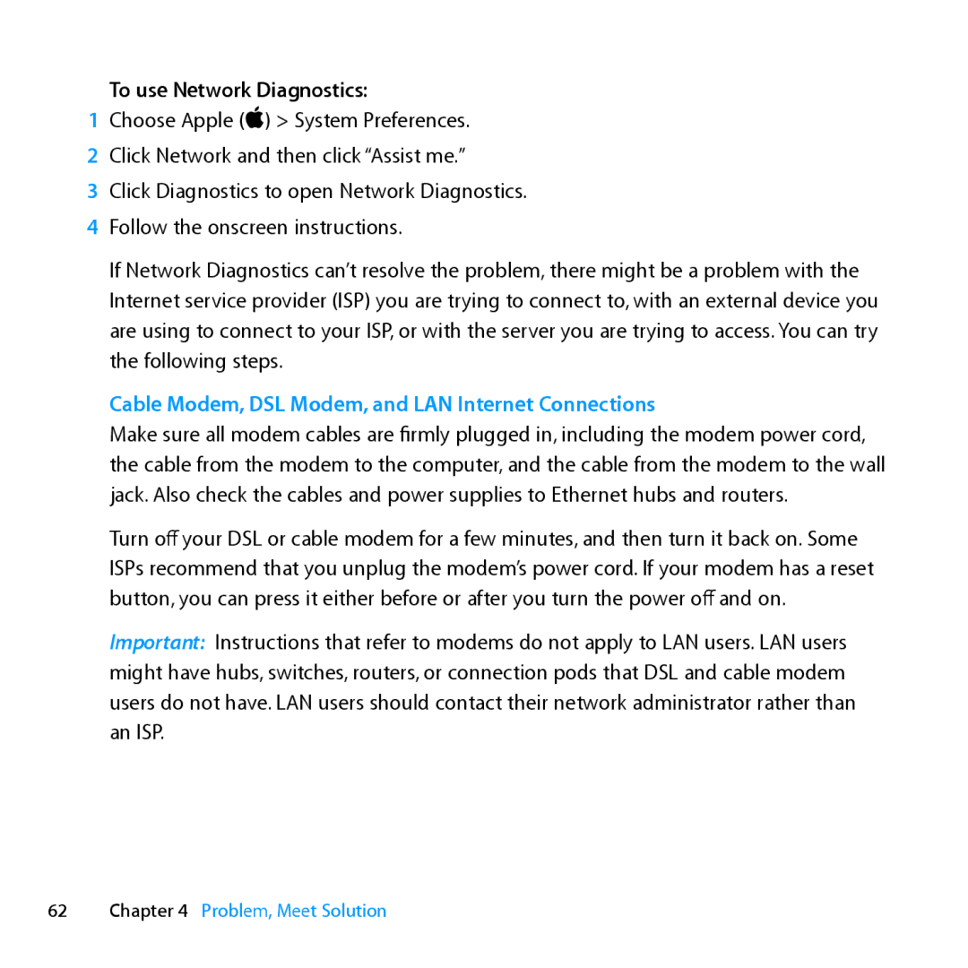 Apple MC024LL/A, MD385LL/A manual To use Network Diagnostics, Cable Modem, DSL Modem, and LAN Internet Connections 