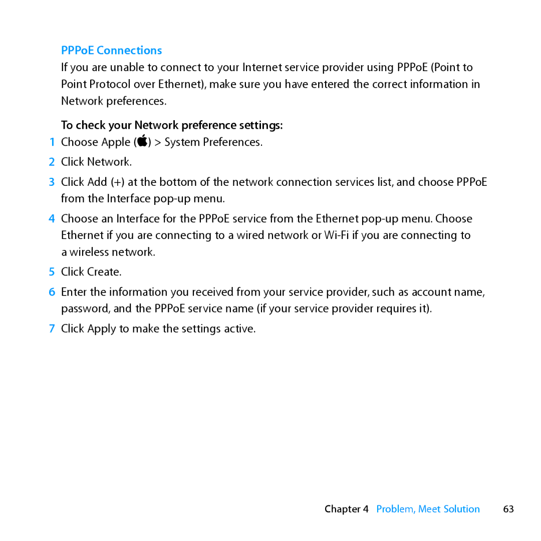 Apple MD385LL/A, MC024LL/A manual PPPoE Connections, To check your Network preference settings 