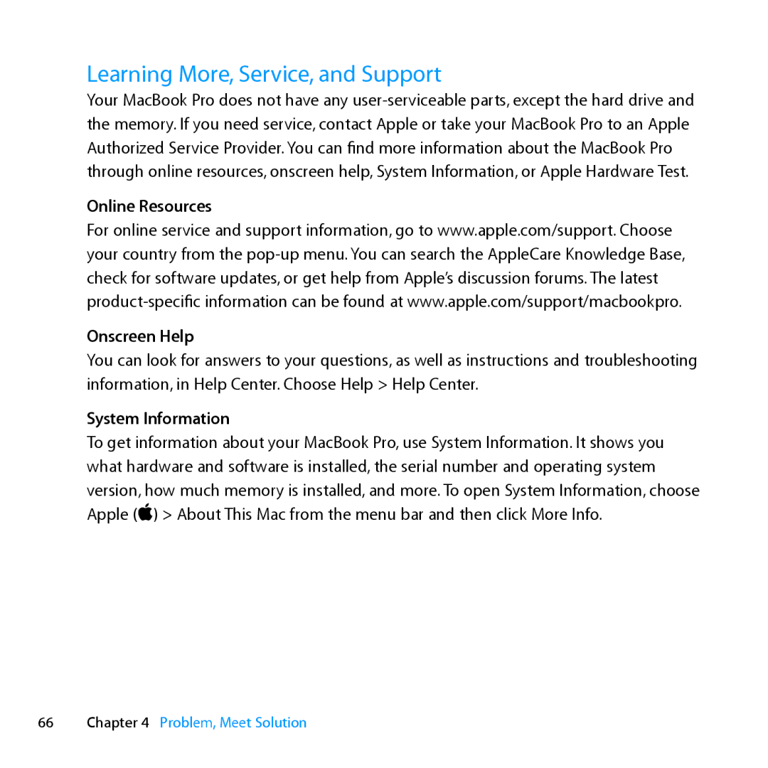 Apple MC024LL/A, MD385LL/A manual Learning More, Service, and Support, Online Resources Onscreen Help, System Information 