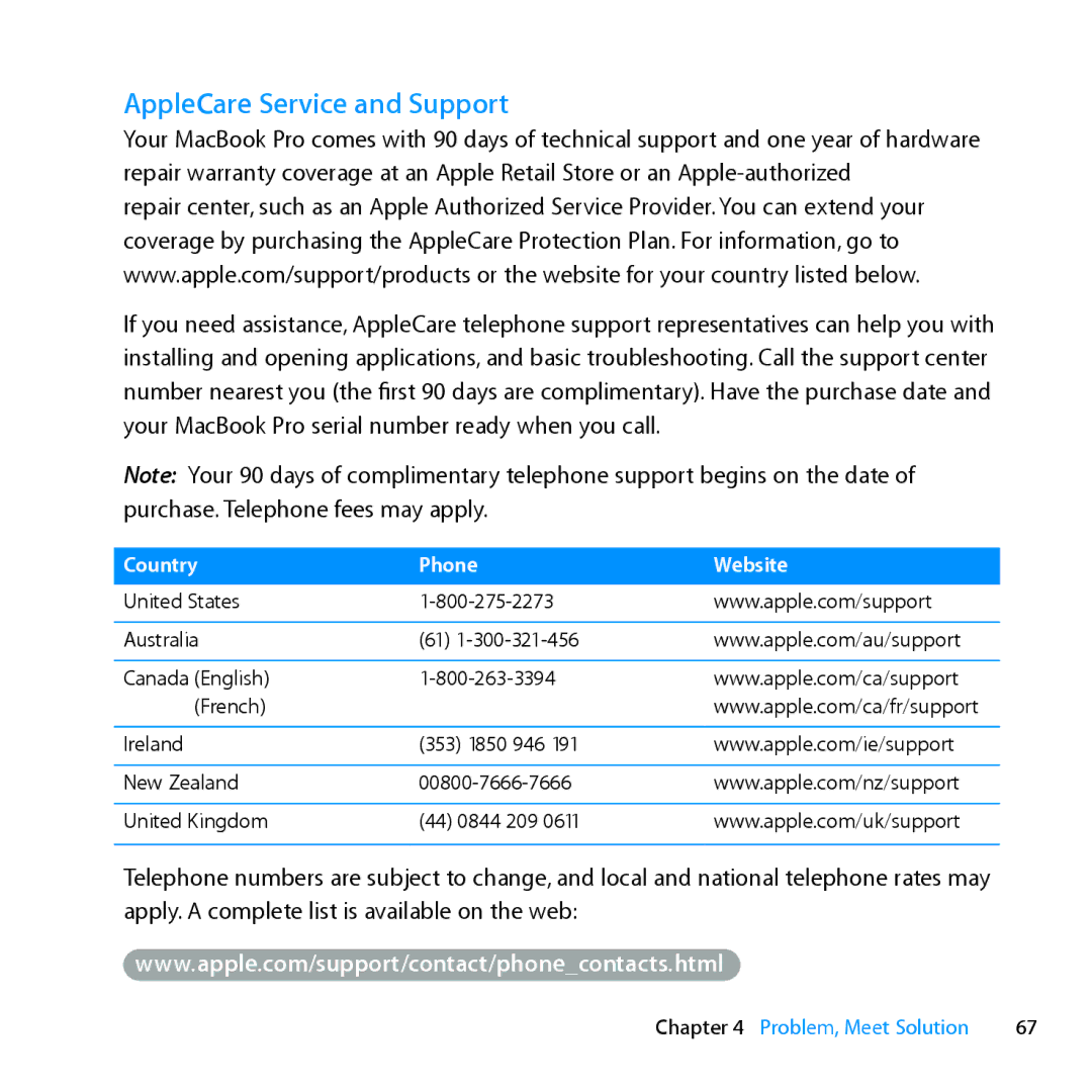 Apple MD385LL/A, MC024LL/A manual AppleCare Service and Support, Country Phone Website 