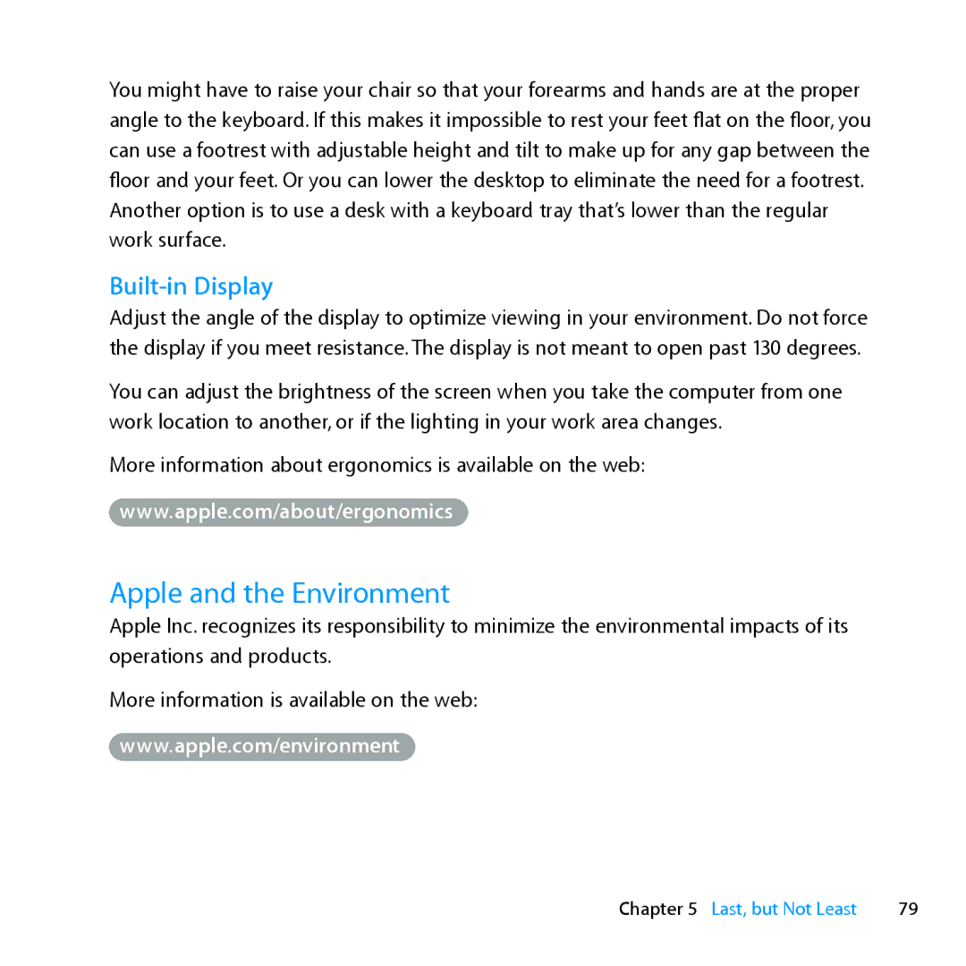 Apple MD385LL/A, MC024LL/A manual Apple and the Environment, Built-in Display 