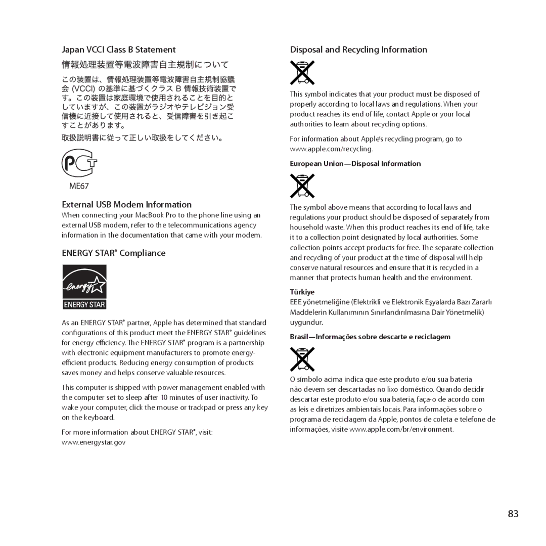 Apple MD385LL/A, MC024LL/A manual Japan Vcci Class B Statement 