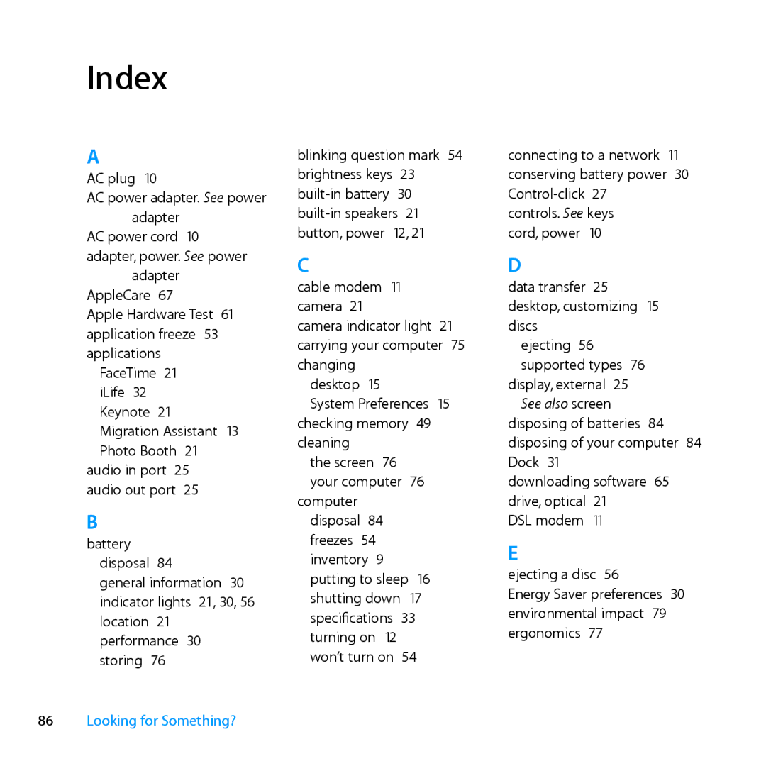 Apple MC024LL/A, MD385LL/A manual Index 