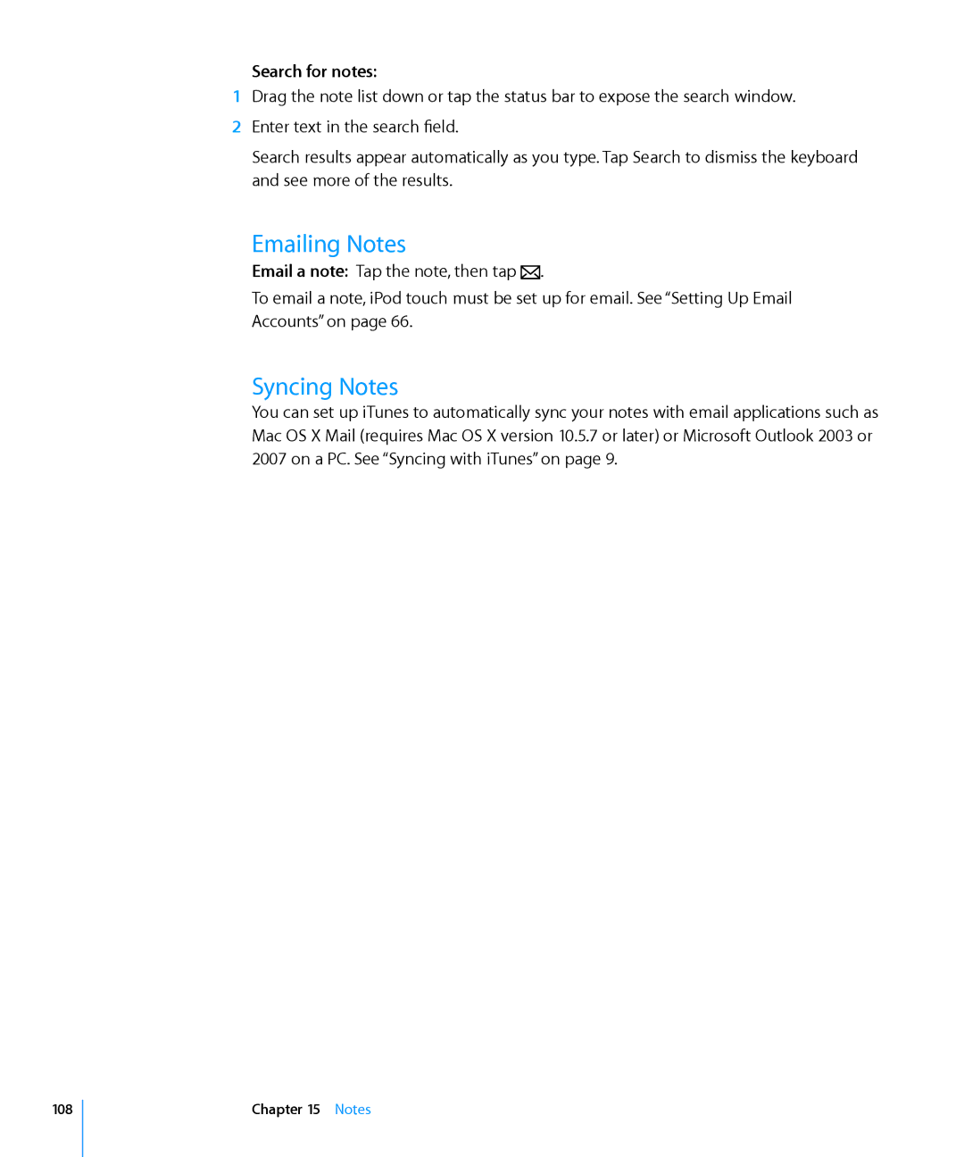 Apple MC086LL/A, MB533LL/A manual Emailing Notes, Syncing Notes, Search for notes, 108 