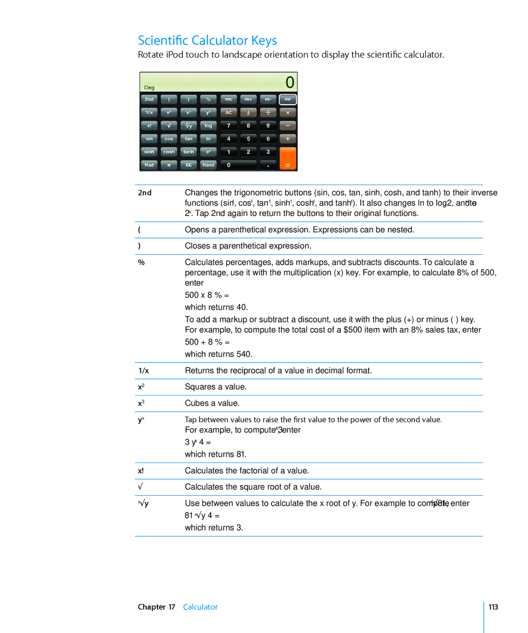 Apple MB533LL/A, MC086LL/A manual Scientific Calculator Keys, 2nd, Calculator 113 