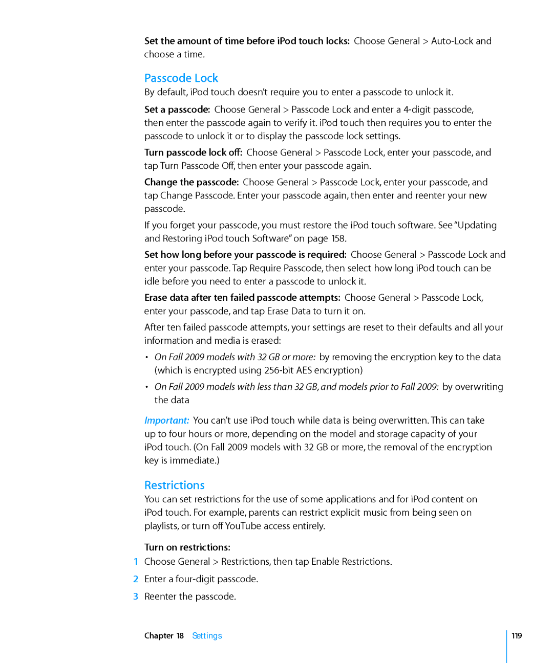 Apple MB533LL/A, MC086LL/A manual Passcode Lock, Restrictions, Turn on restrictions, Settings 119 