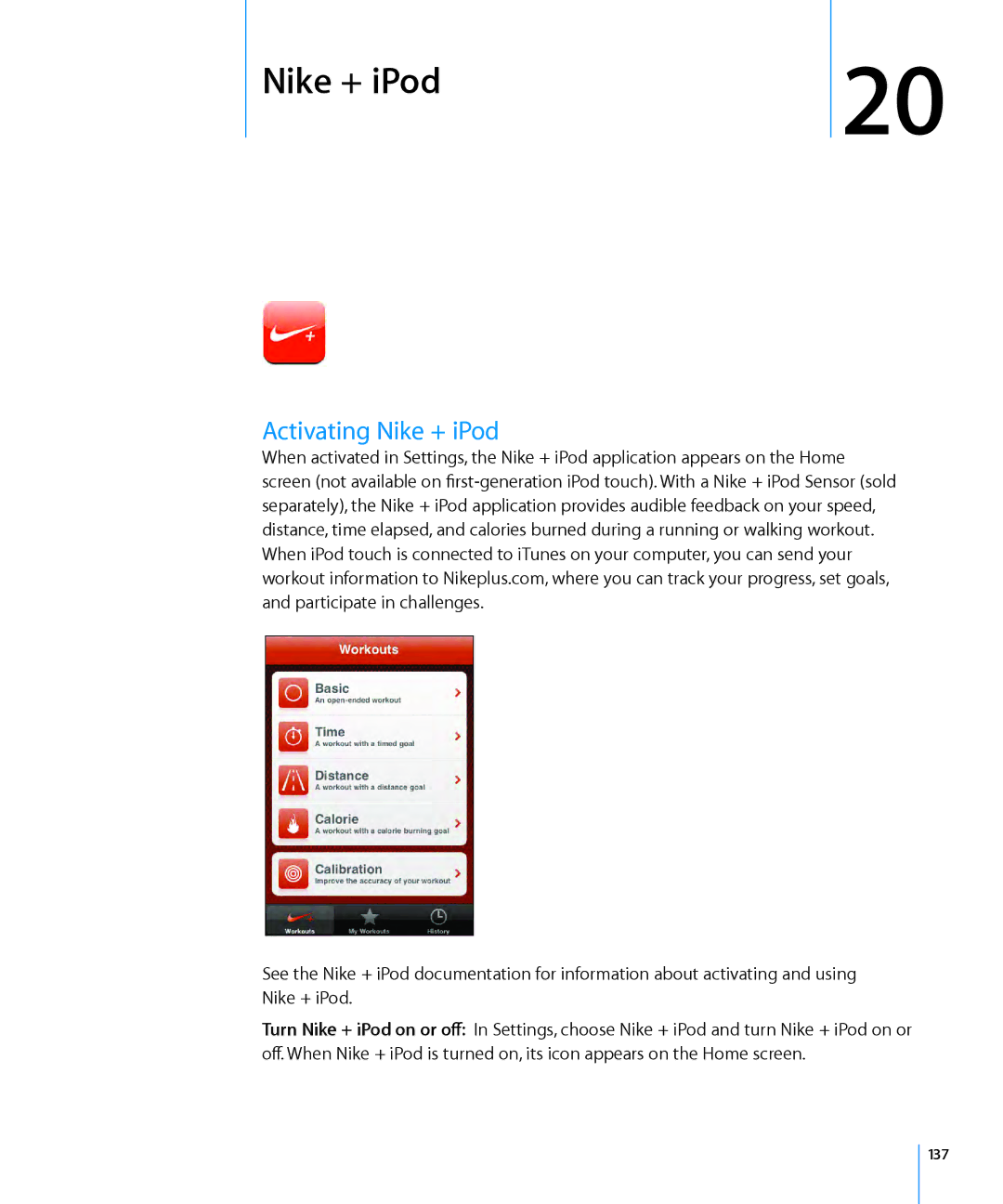 Apple MB533LL/A, MC086LL/A manual Activating Nike + iPod, 137 