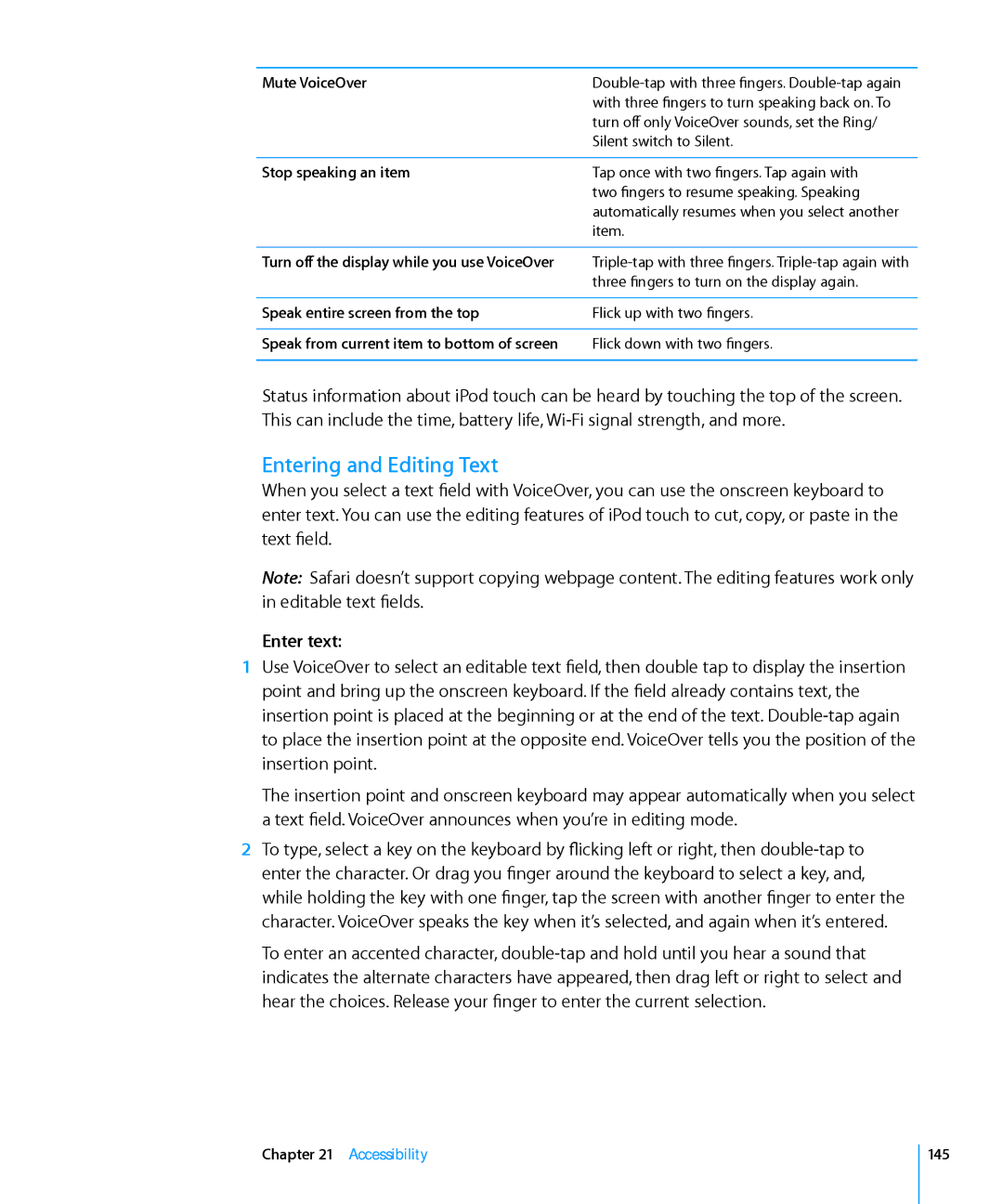 Apple MB533LL/A manual Entering and Editing Text, Mute VoiceOver, Stop speaking an item, Speak entire screen from the top 