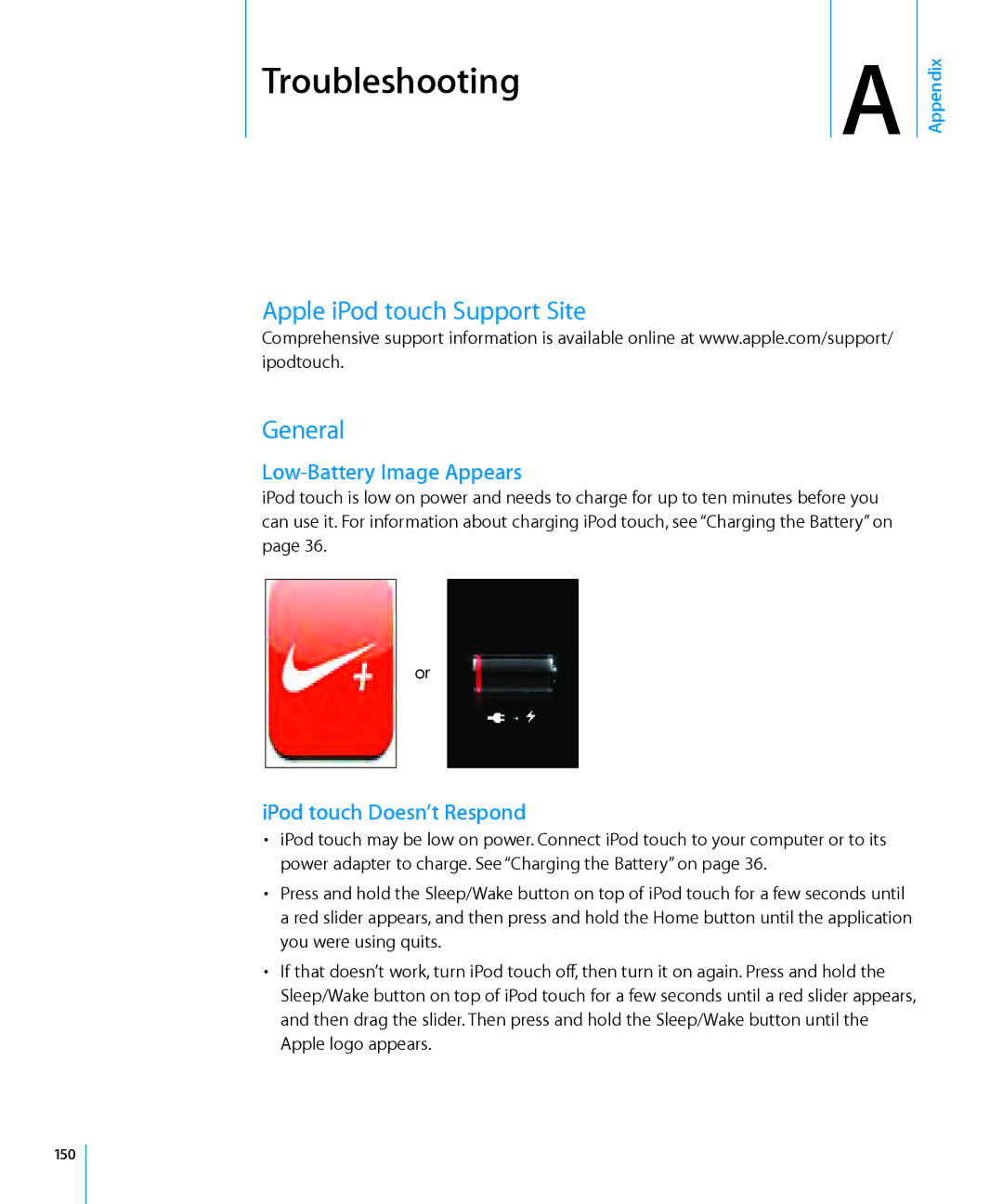 Apple MC086LL/A, MB533LL/A manual Troubleshooting, Apple iPod touch Support Site General, Low-Battery Image Appears, 150 