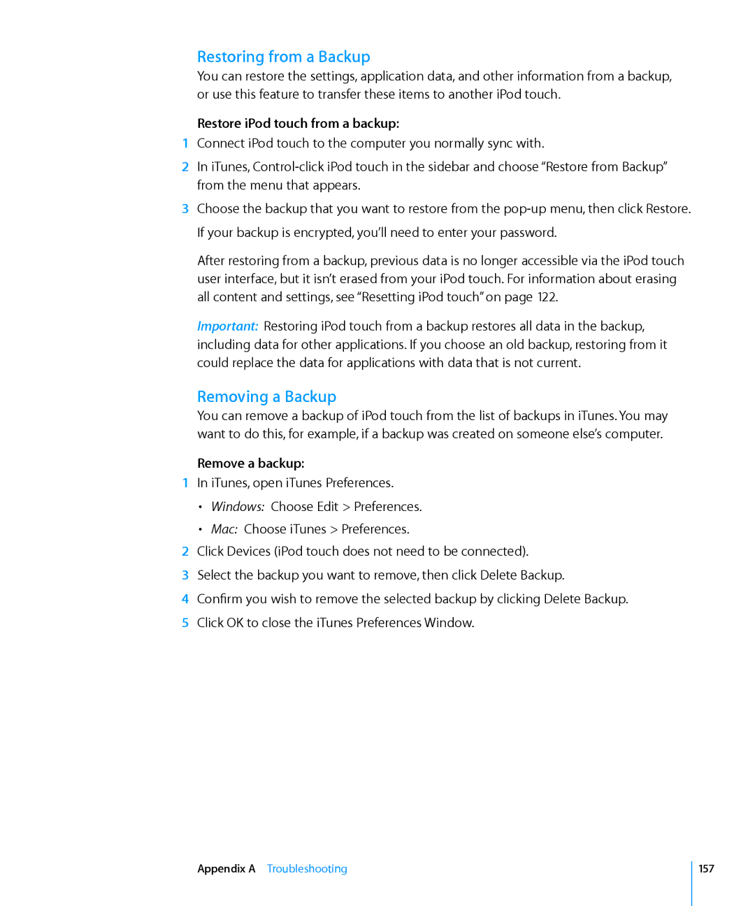 Apple MB533LL/A manual Restoring from a Backup, Removing a Backup, Restore iPod touch from a backup, Remove a backup, 157 