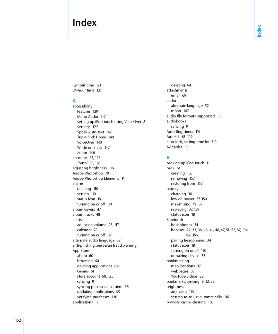 Apple MC086LL/A, MB533LL/A manual Index, 162 