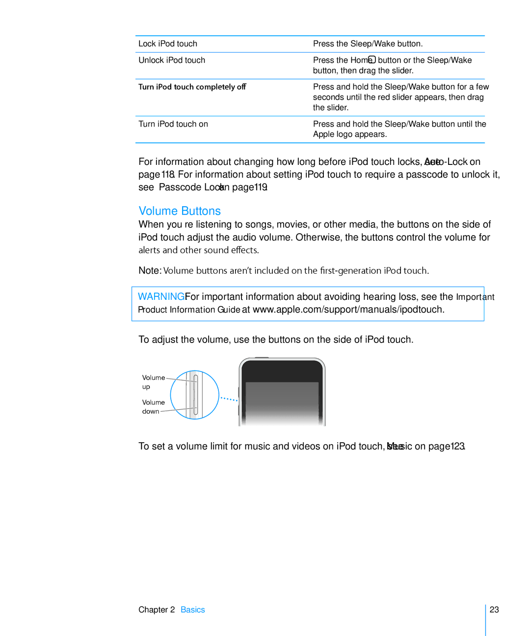 Apple MB533LL/A Volume Buttons, Lock iPod touch, Unlock iPod touch, Turn iPod touch completely off, Turn iPod touch on 