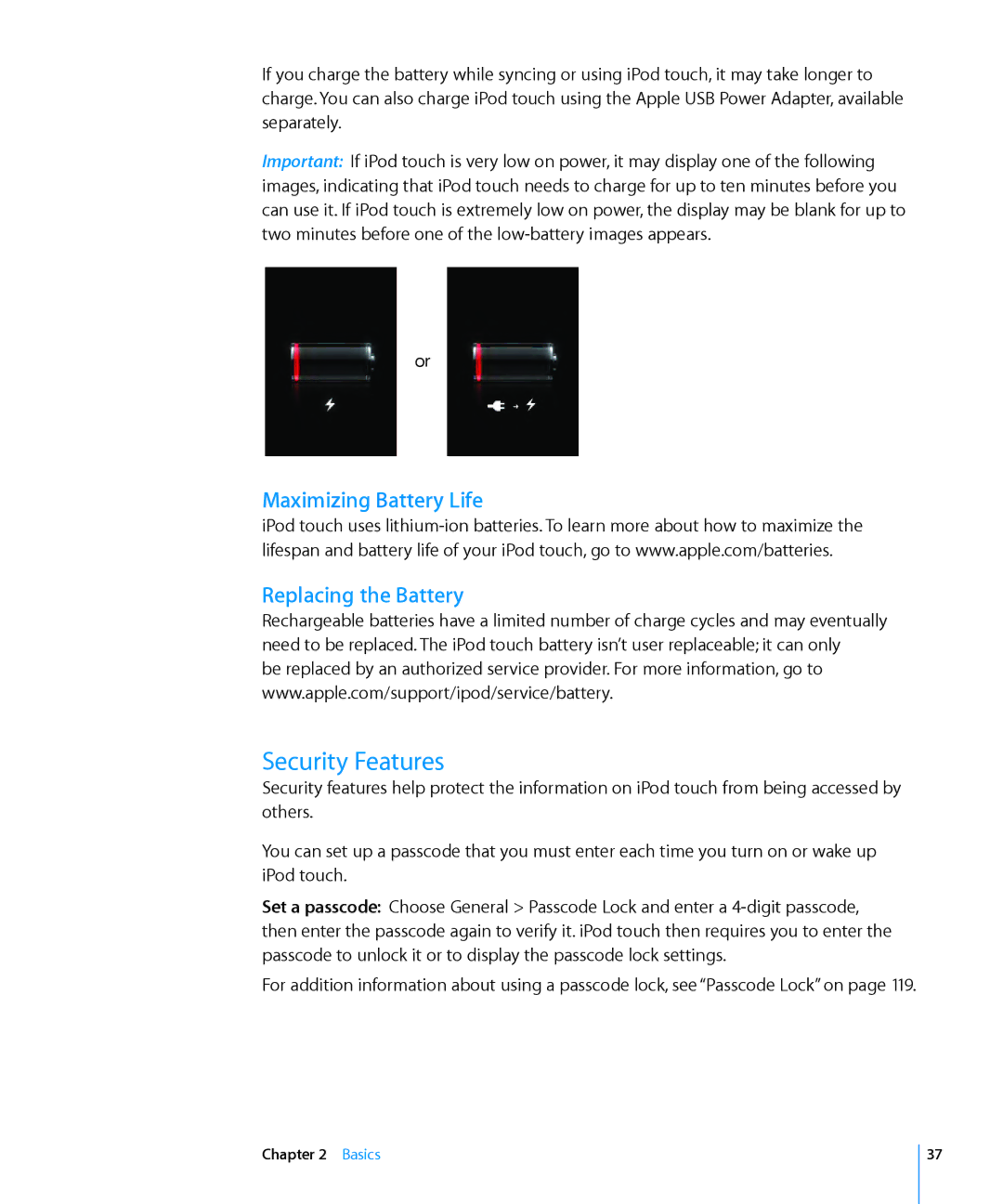 Apple MB533LL/A, MC086LL/A manual Security Features, Maximizing Battery Life Replacing the Battery 