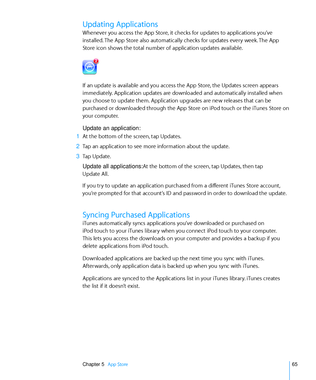 Apple MB533LL/A, MC086LL/A manual Updating Applications, Syncing Purchased Applications, Update an application 