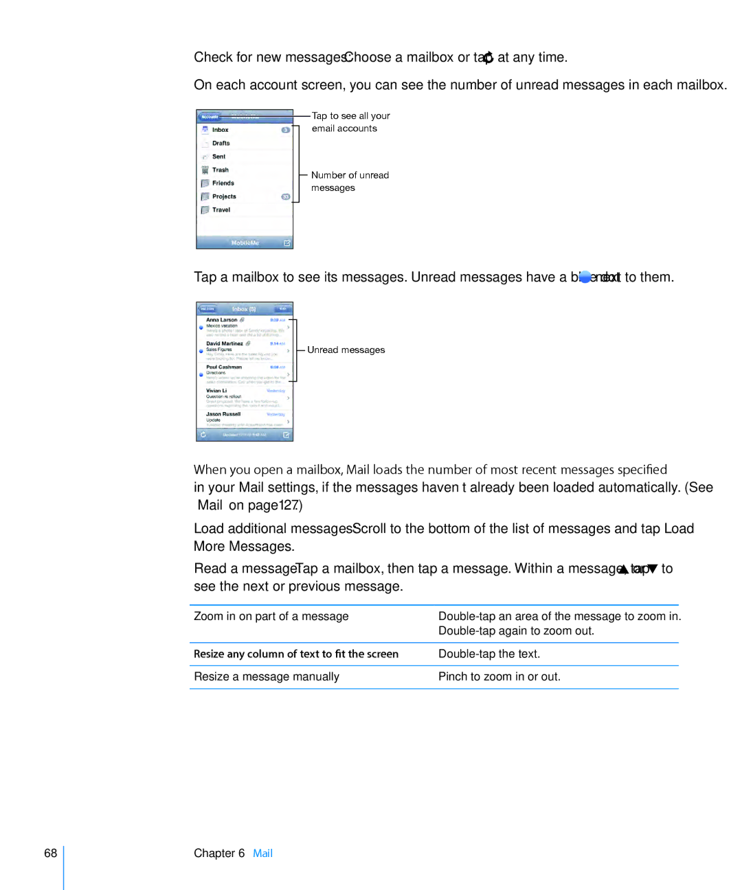 Apple MC086LL/A Zoom in on part of a message, Resize any column of text to fit the screen, Resize a message manually 