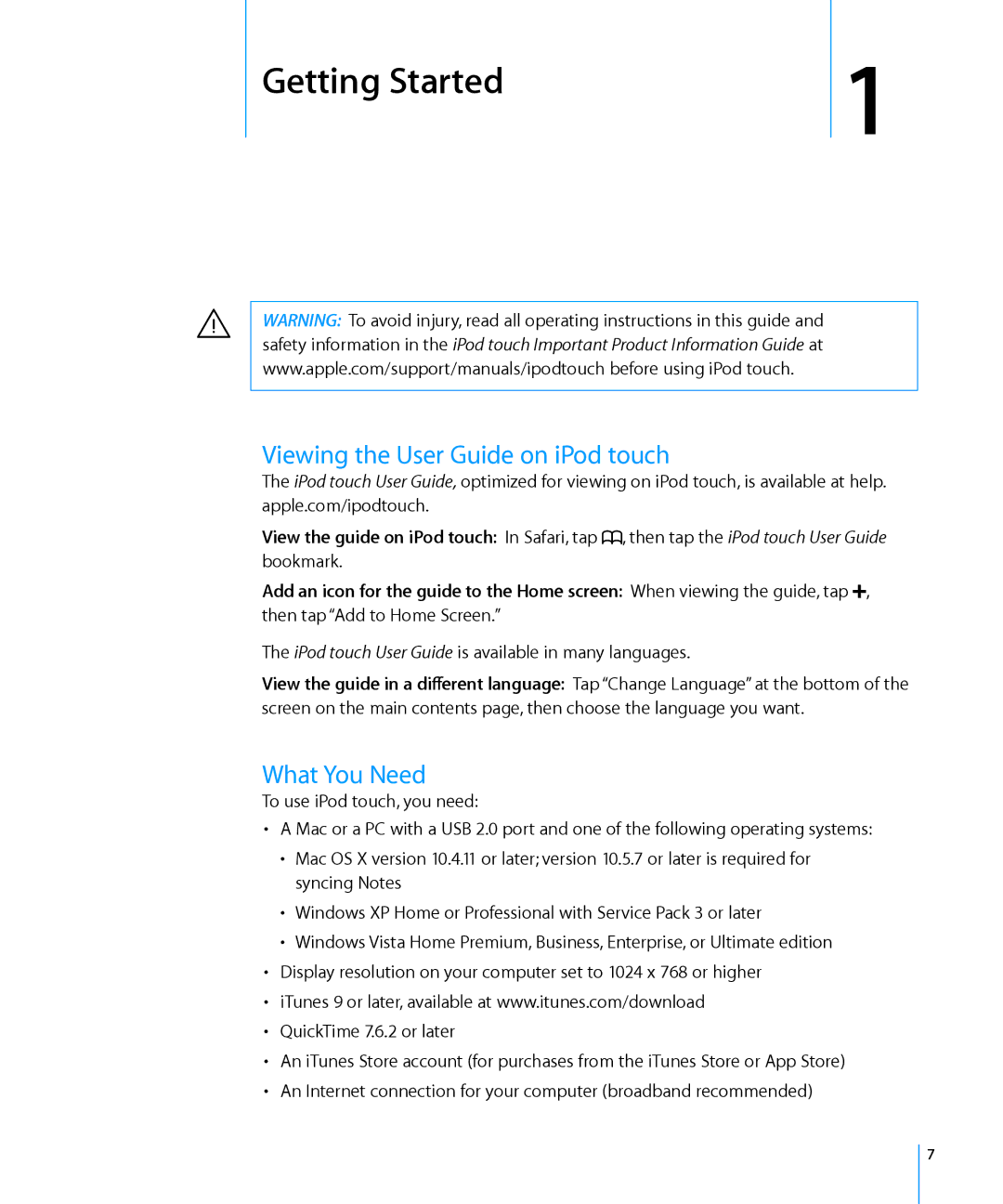 Apple MB533LL/A, MC086LL/A manual Getting Started, Viewing the User Guide on iPod touch, What You Need 